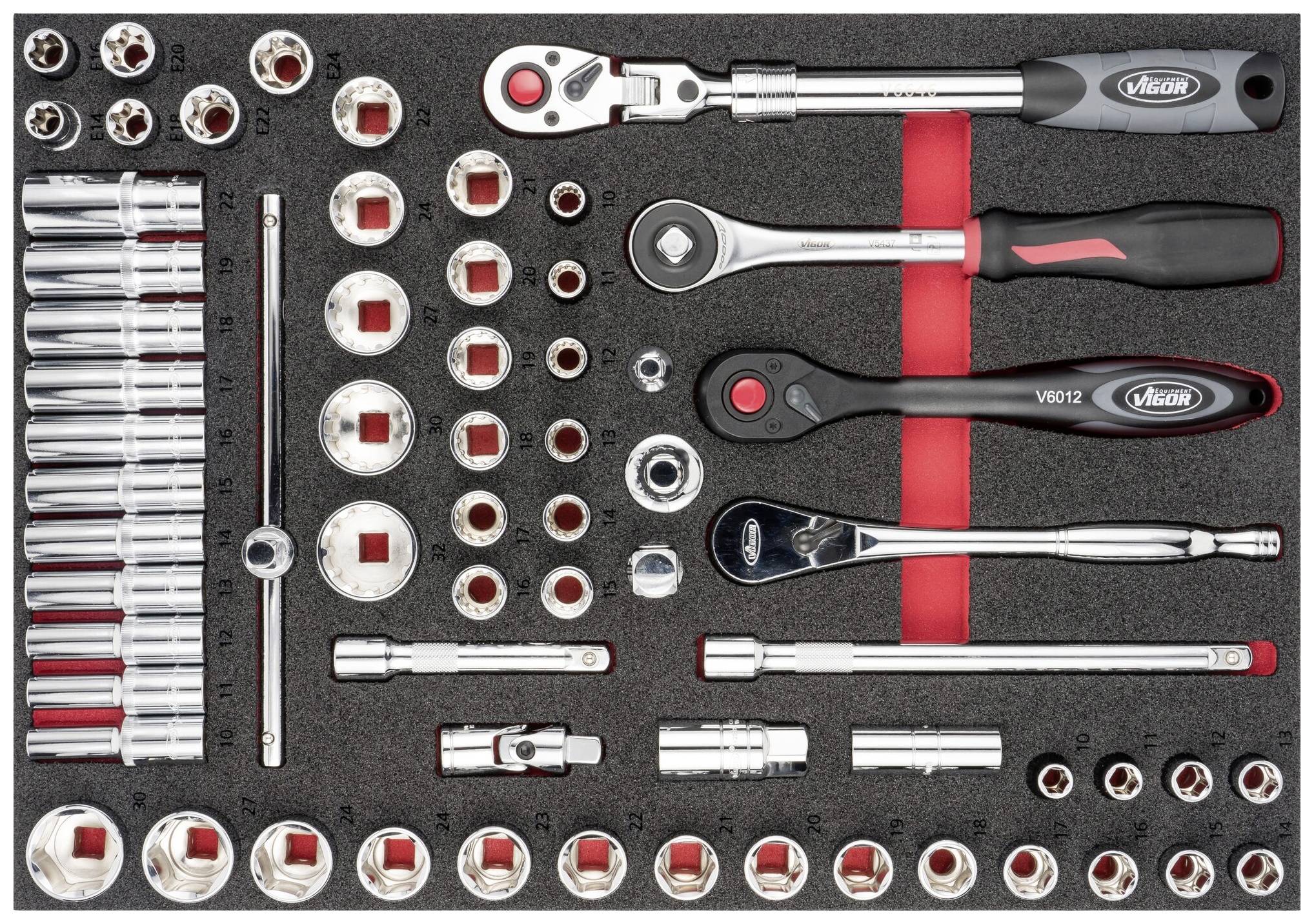 Socket wrench set on black foam. Contains various sizes of ratchets, extensions and sockets.