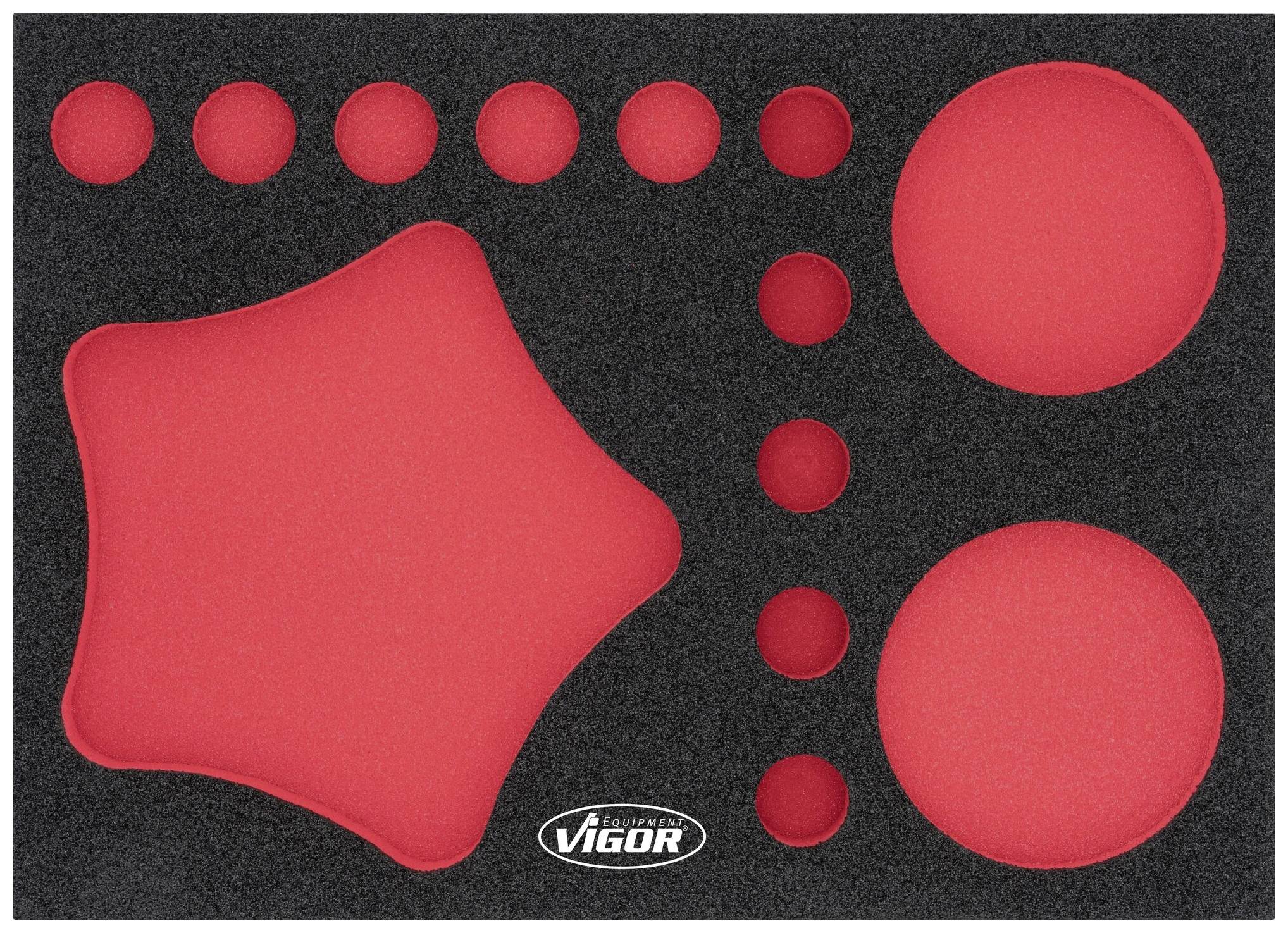 Foam insert with various sized red compartments for tools, black background, 'VIGOR' brand logo at the bottom.