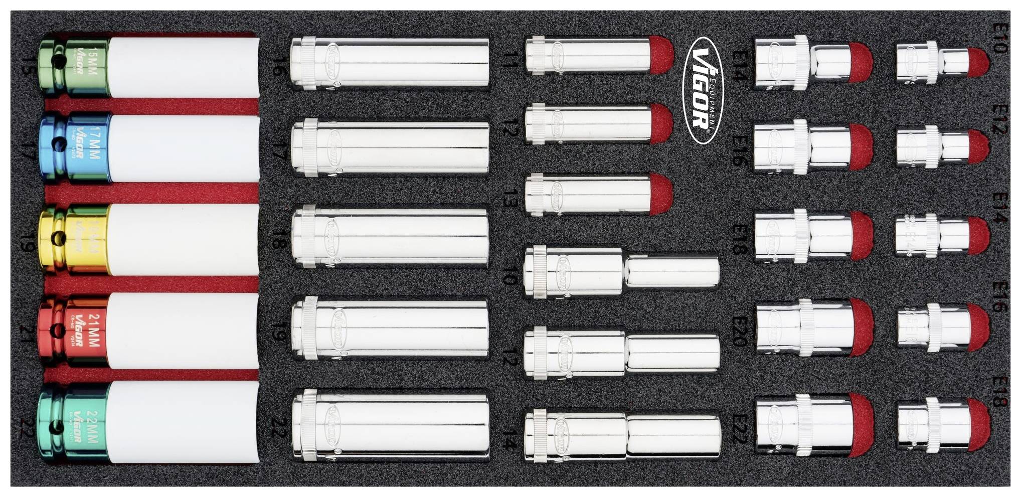 Tool set with multi-coloured sockets, each organised in a foam insert, with the brand name 'Vigor' visible.