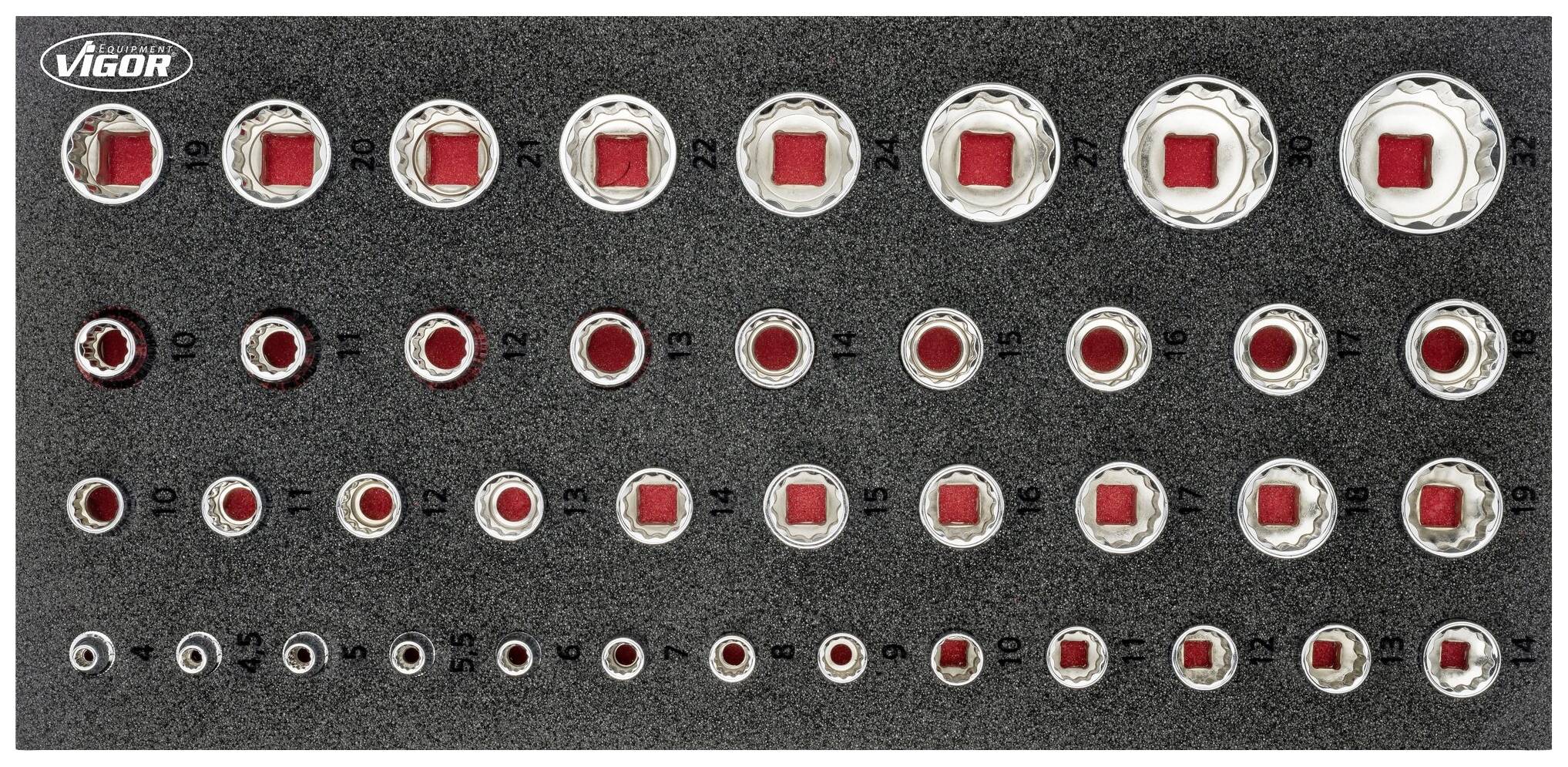 A foam mat with multiple attachments in various sizes, arranged in rows. Each attachment has a red insert.