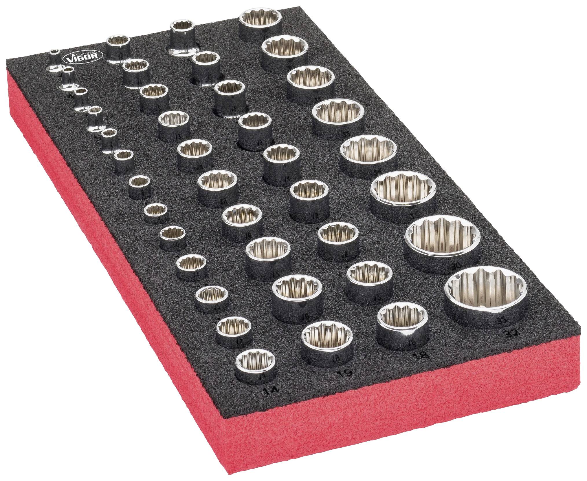 A foam insert for storing socket nuts in various sizes is neatly arranged and labelled.