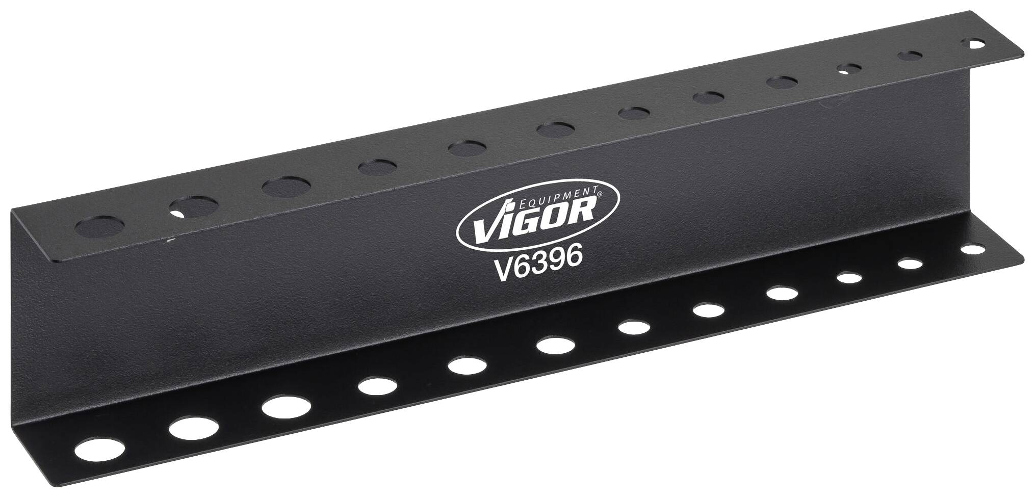 Black metal holder by Vigor with twelve holes in two rows, used for storing or organising tools.