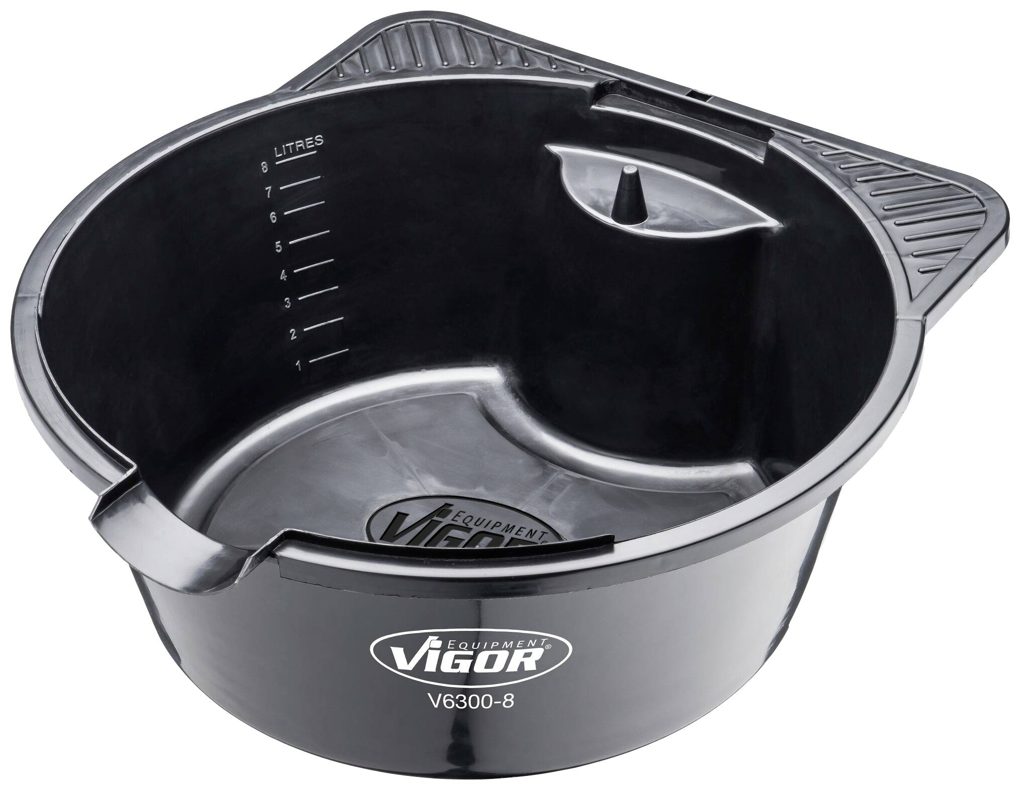 Black plastic oil collection container with pouring spout and handle, with capacity markings in litres on the inside.
