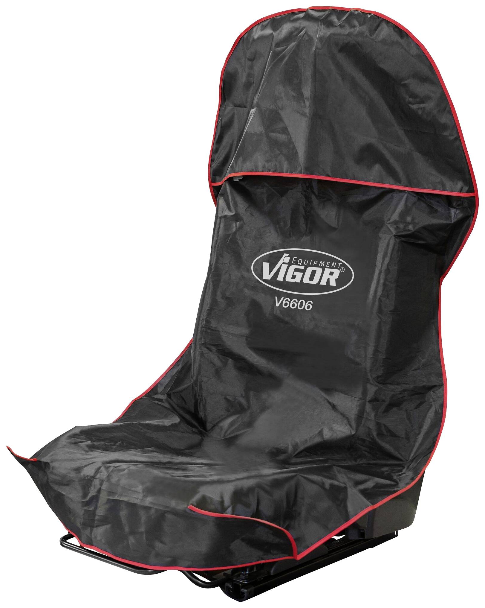 Black car seat cover with a red border, 'VIGOR V6606' logo in the centre; protects seats from soiling.