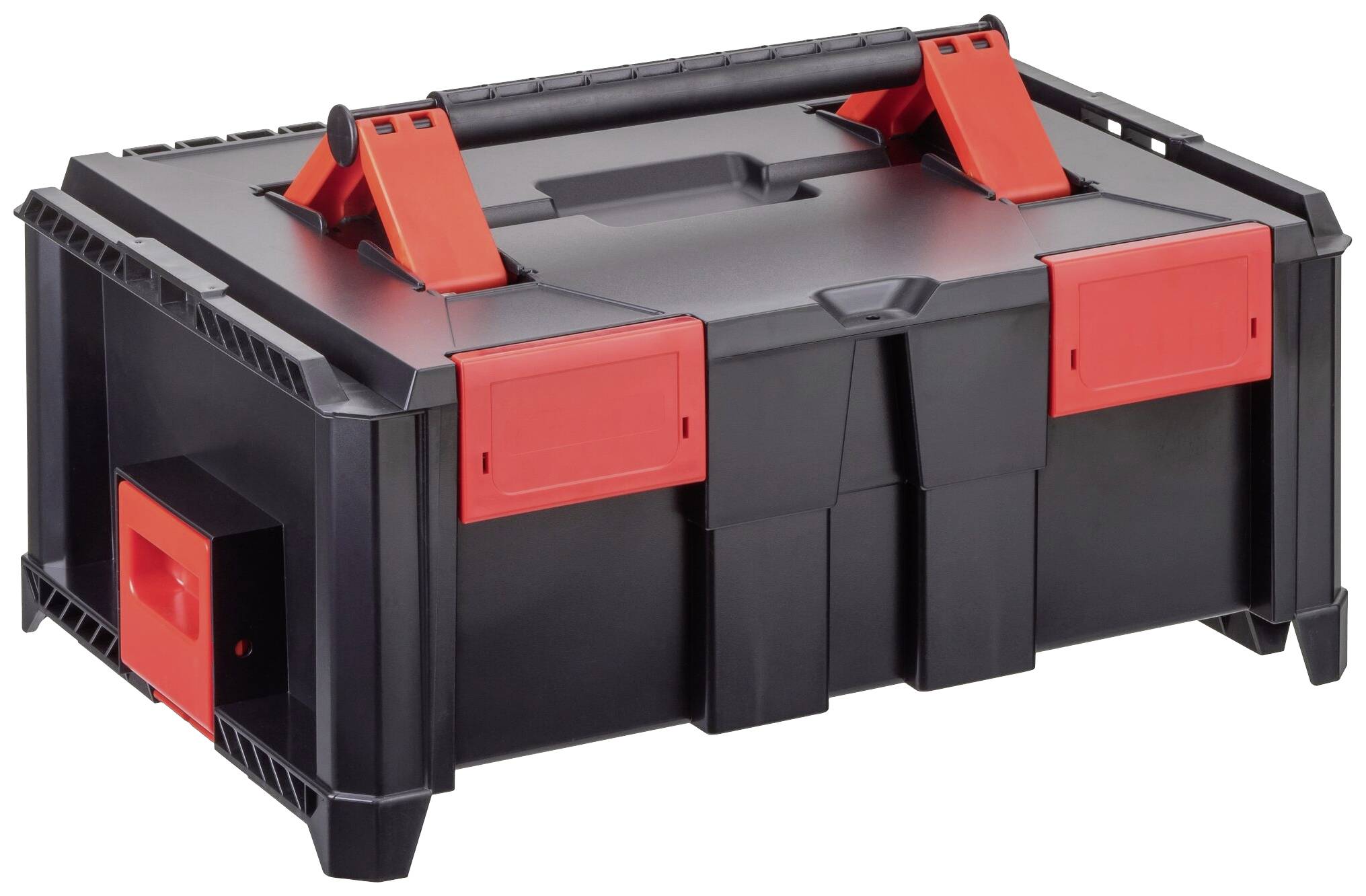 A robust, black toolbox with red latches and handles. Perfect for storing and transporting tools.