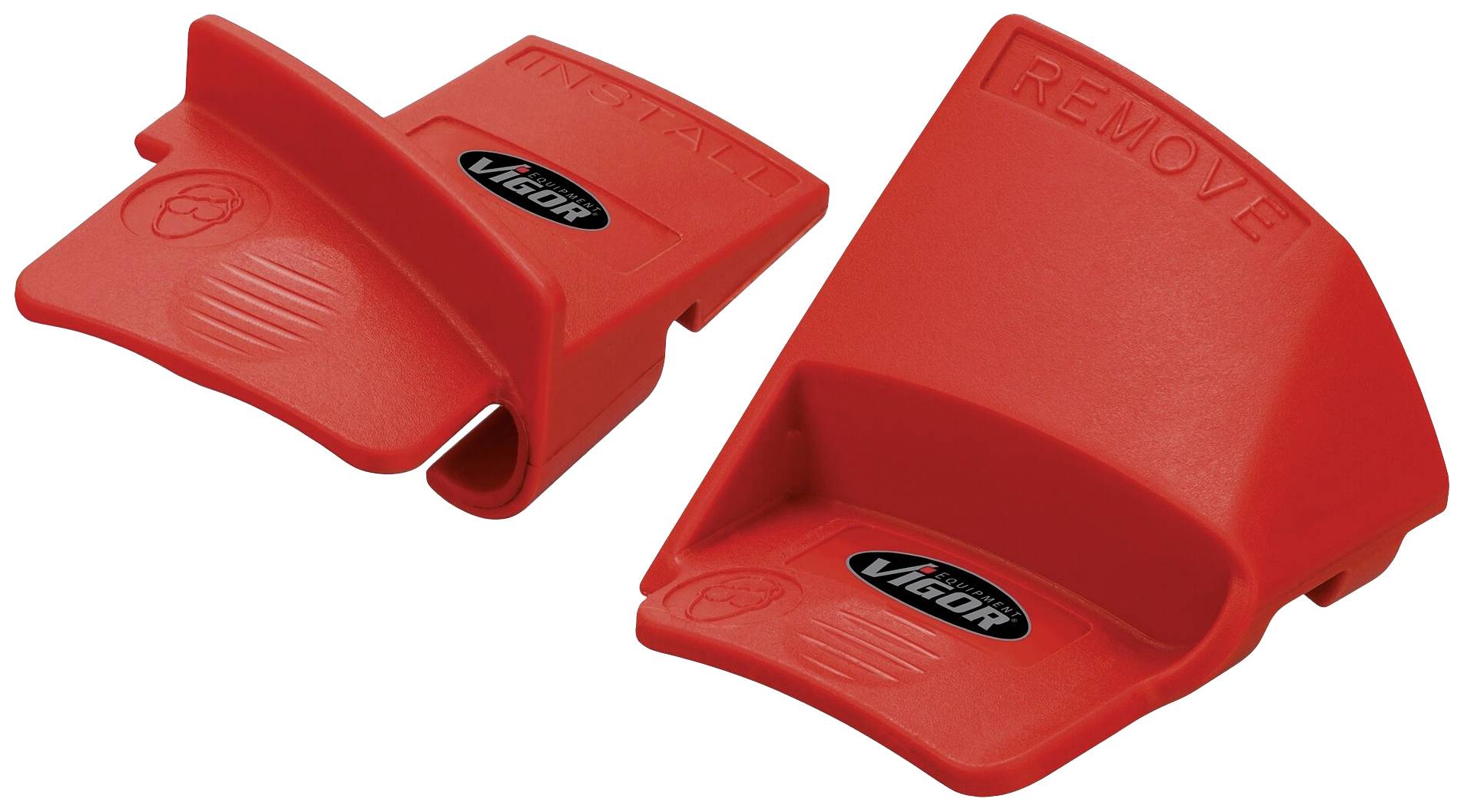 Two red plastic tools with the 'Vigor' print, one on the left with a curved clip, the other on the right with an embossed 'Remove' marking.
