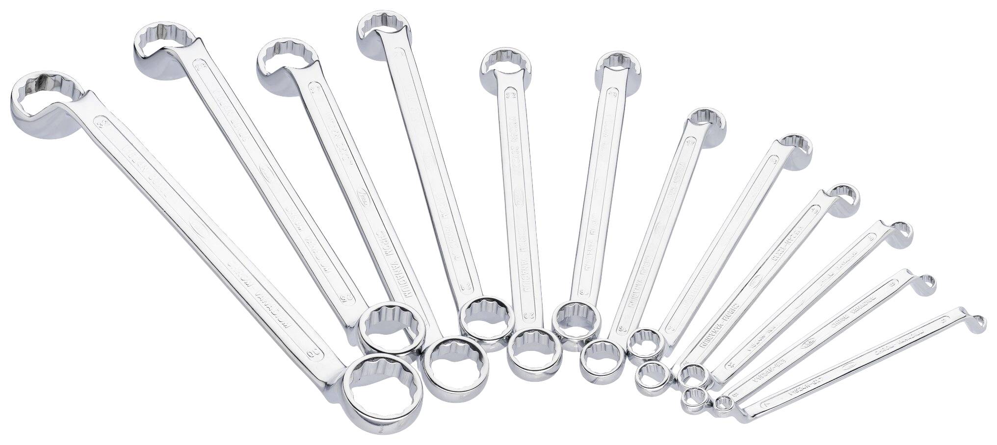 Twelve silver ring keys of various sizes, lying side by side, on a white background.