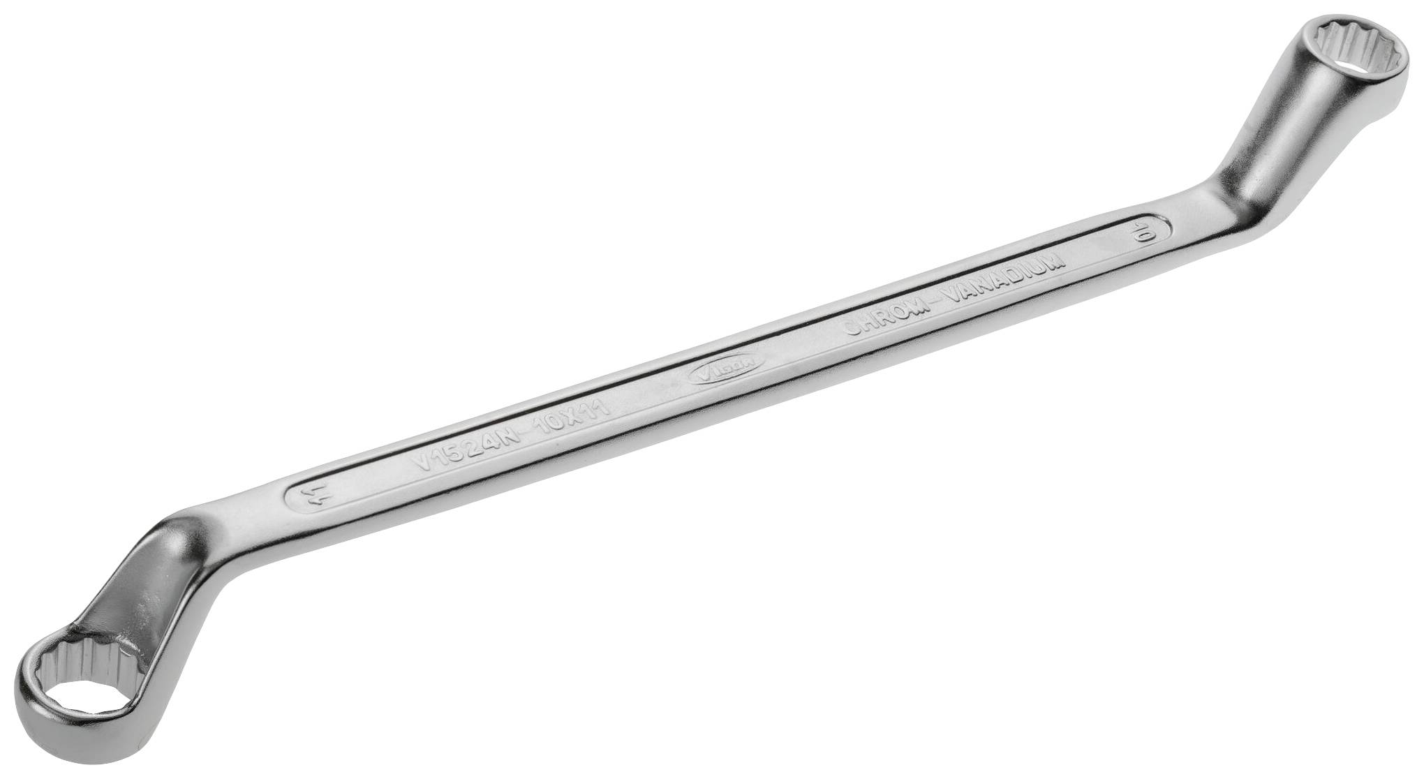 A silver double ring spanner with two hexagonal ends of different sizes, suitable for loosening or tightening bolts.