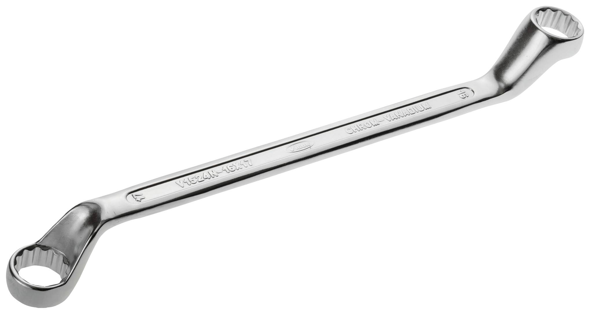Metal double-ring spanner with differently sized ends for loosening or tightening screws or nuts.