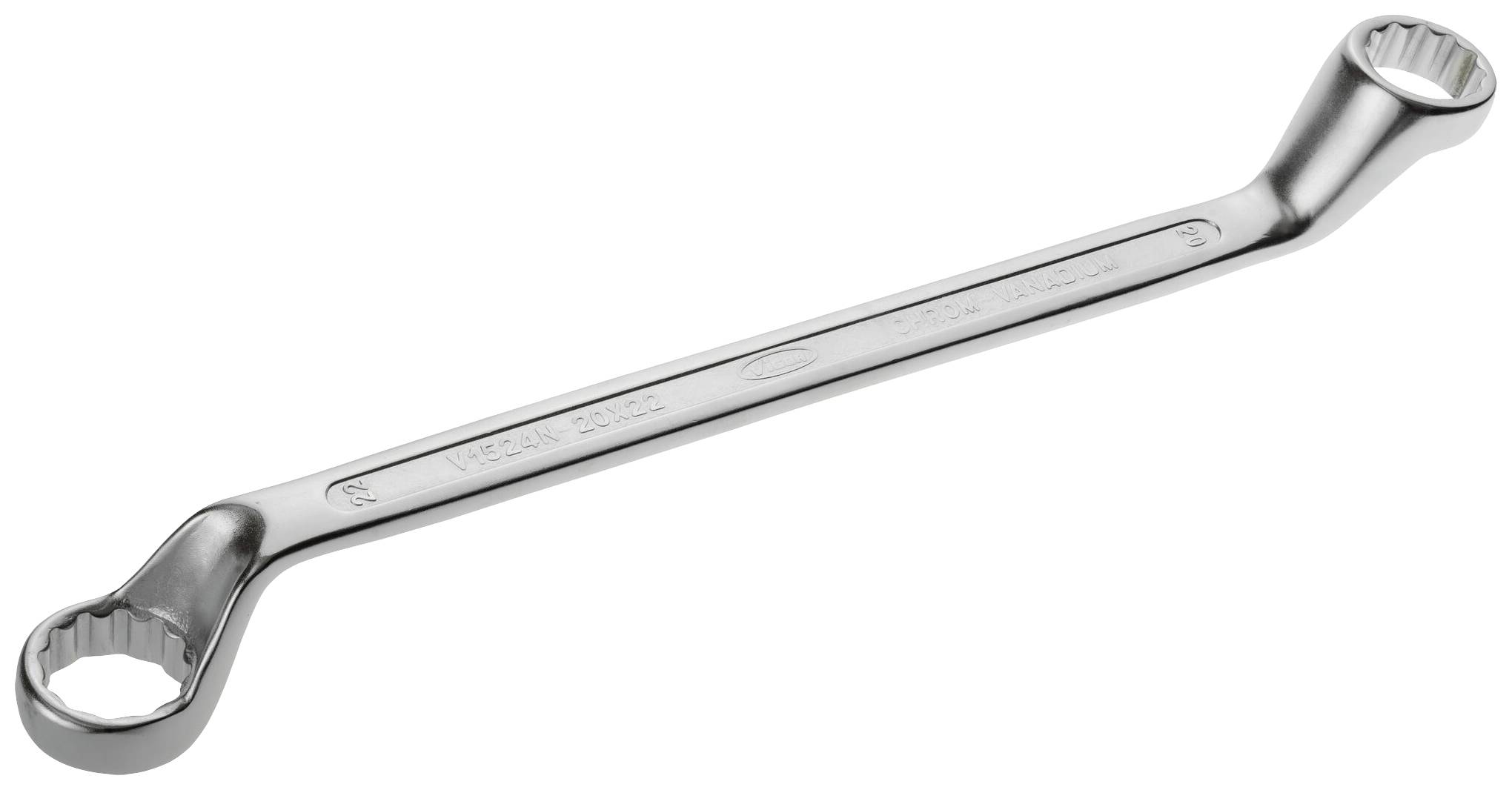 A chrome-plated ring spanner with two ends of different sizes. Used for loosening or tightening bolts.