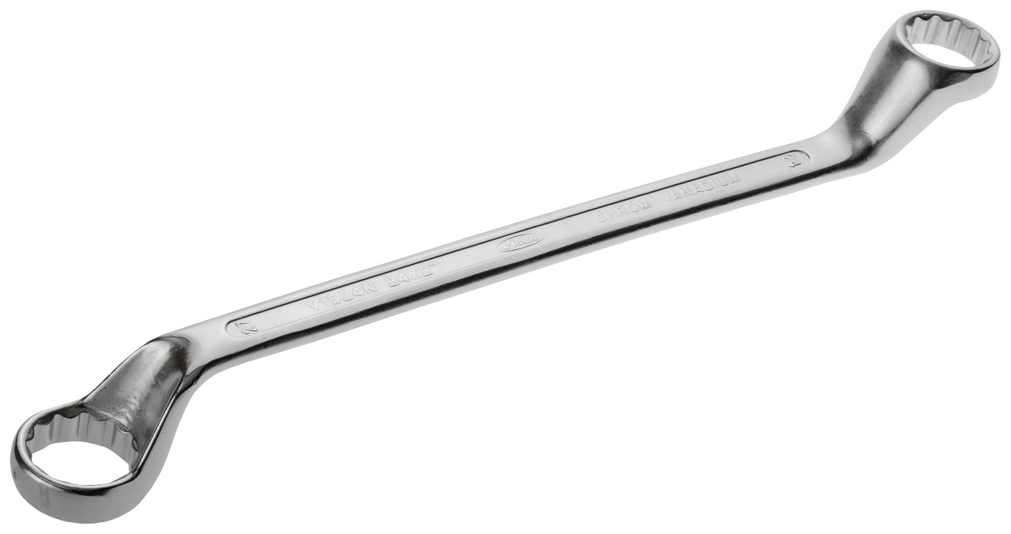 A chrome-plated ring spanner with two ends of different sizes, used for tightening or loosening nuts and bolts.