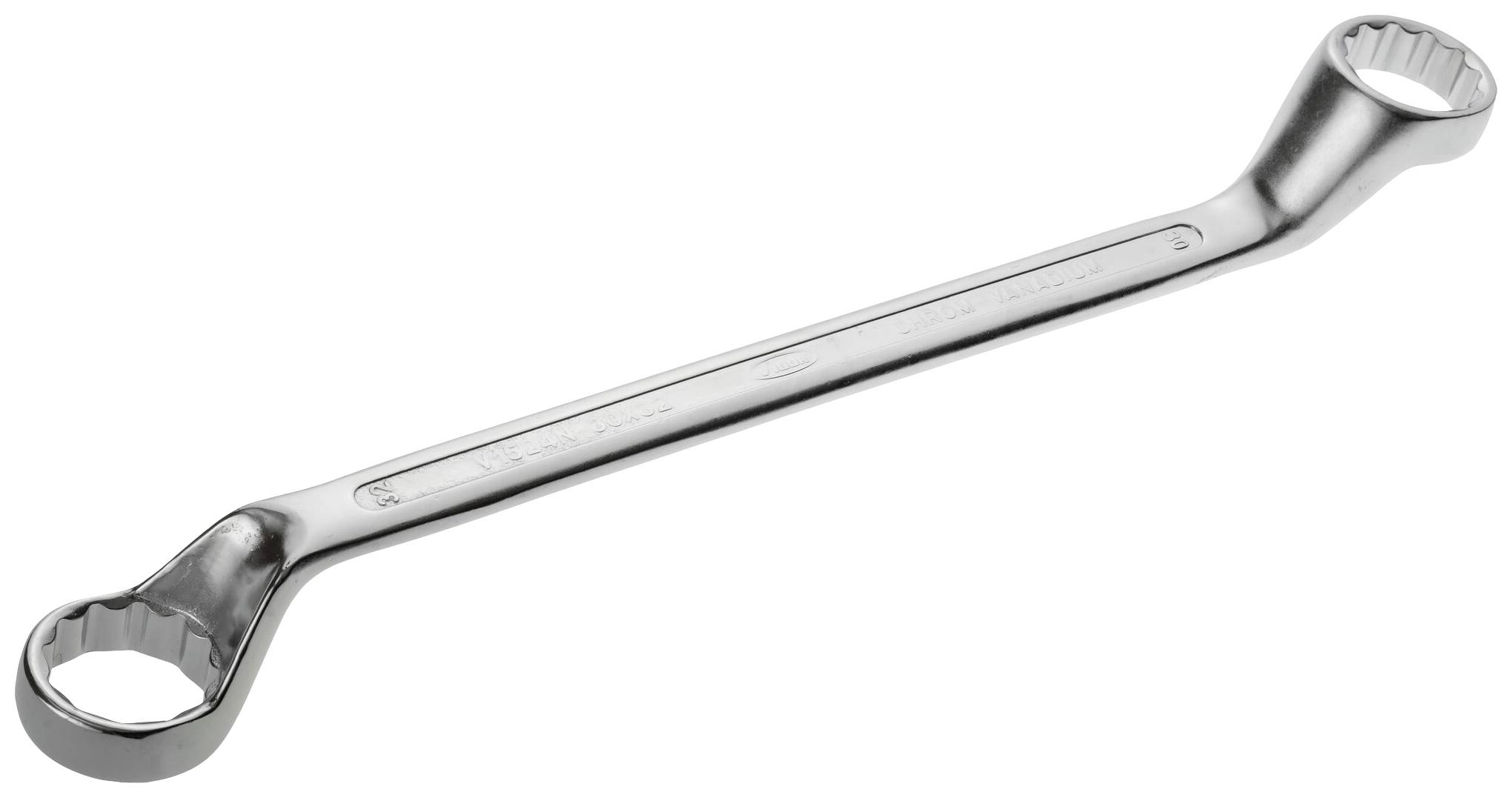 A silver ring key with two ends, each having round, serrated openings, lies diagonally.