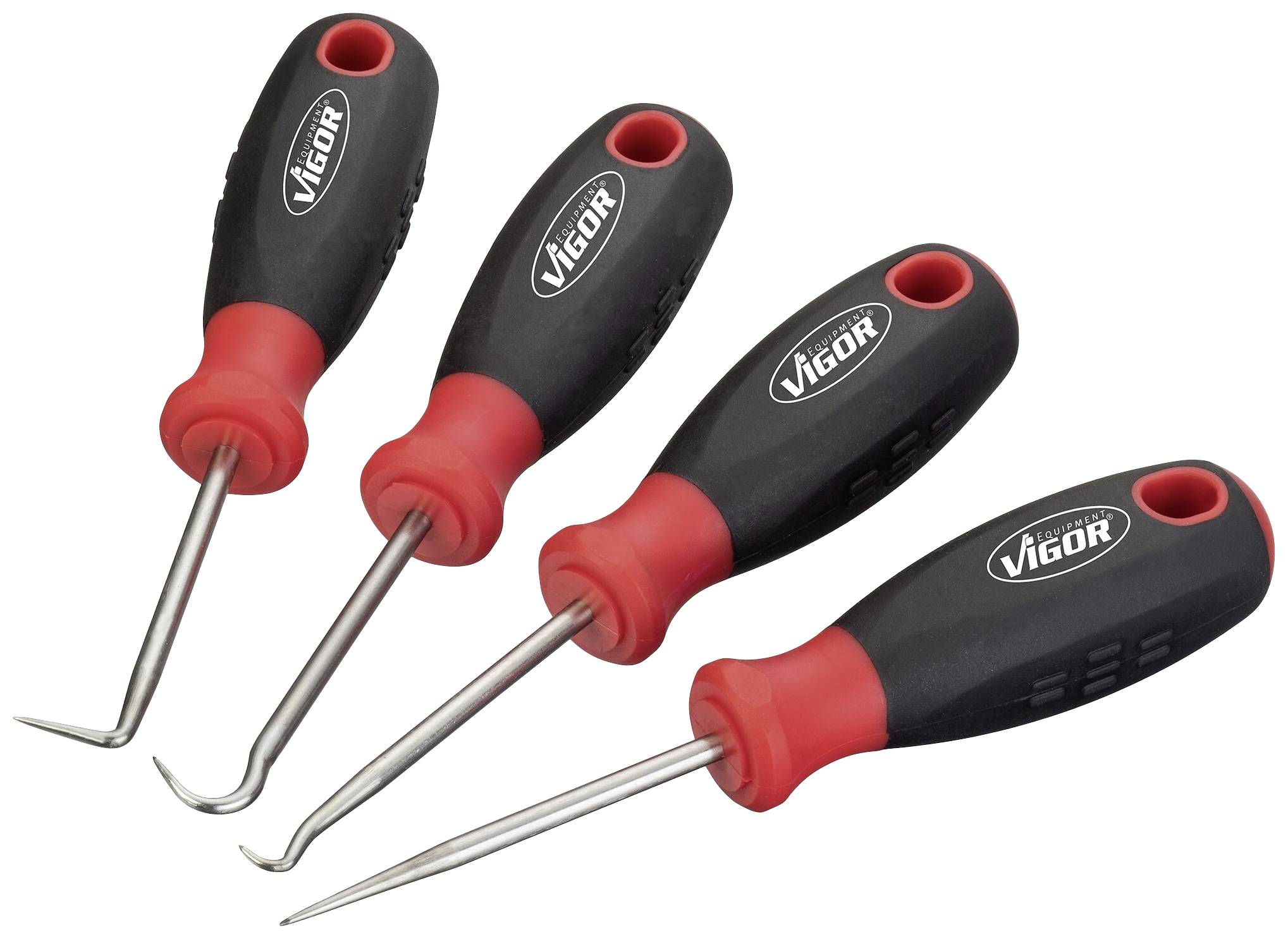 Four black and red screwdrivers with different tips are laid side by side. All are branded with the 'Vigor' logo.