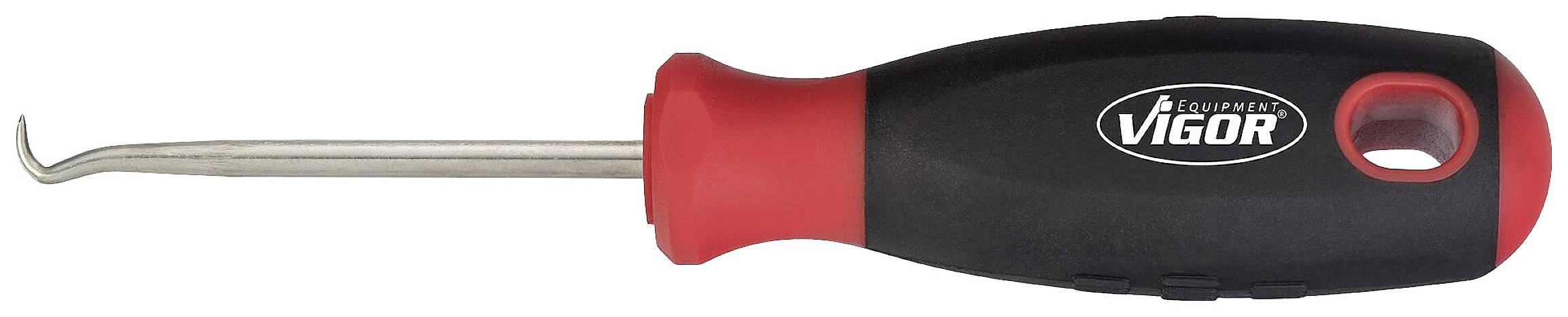 Tool with red and black handle, curved metal tip.