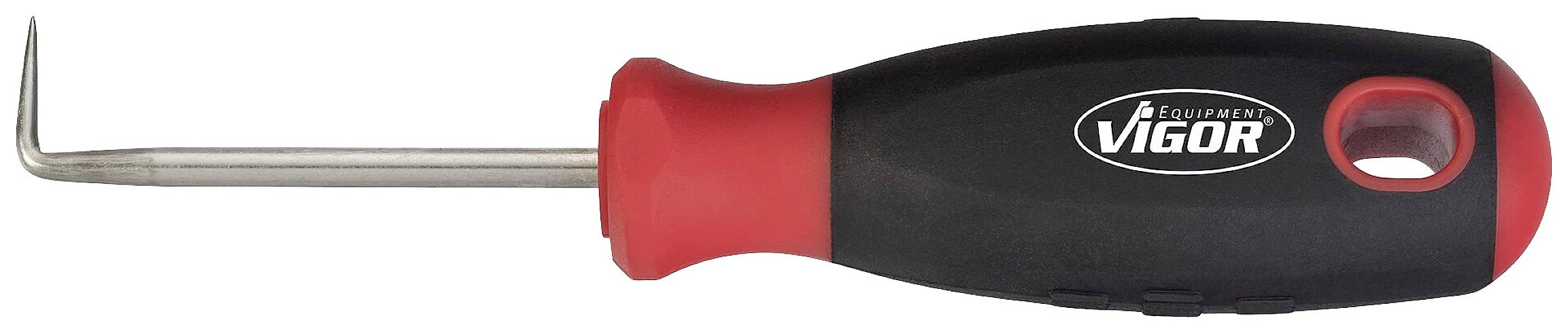 A hook tool with a red and black handle, with the brand name 'Vigor' printed on it. Suitable for removing seals or clips.
