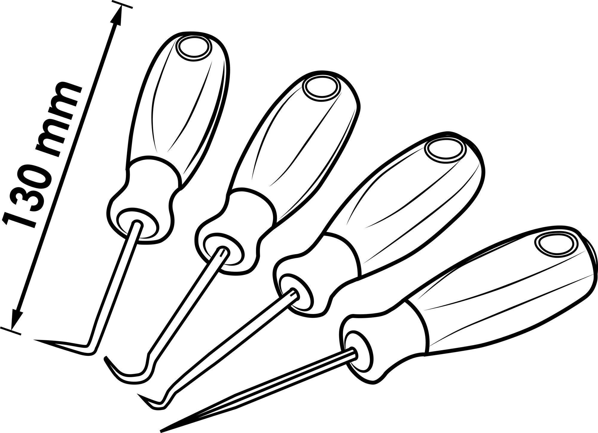 Four screwdrivers with different tips. The first is 130 mm long. All have an ergonomic handle.