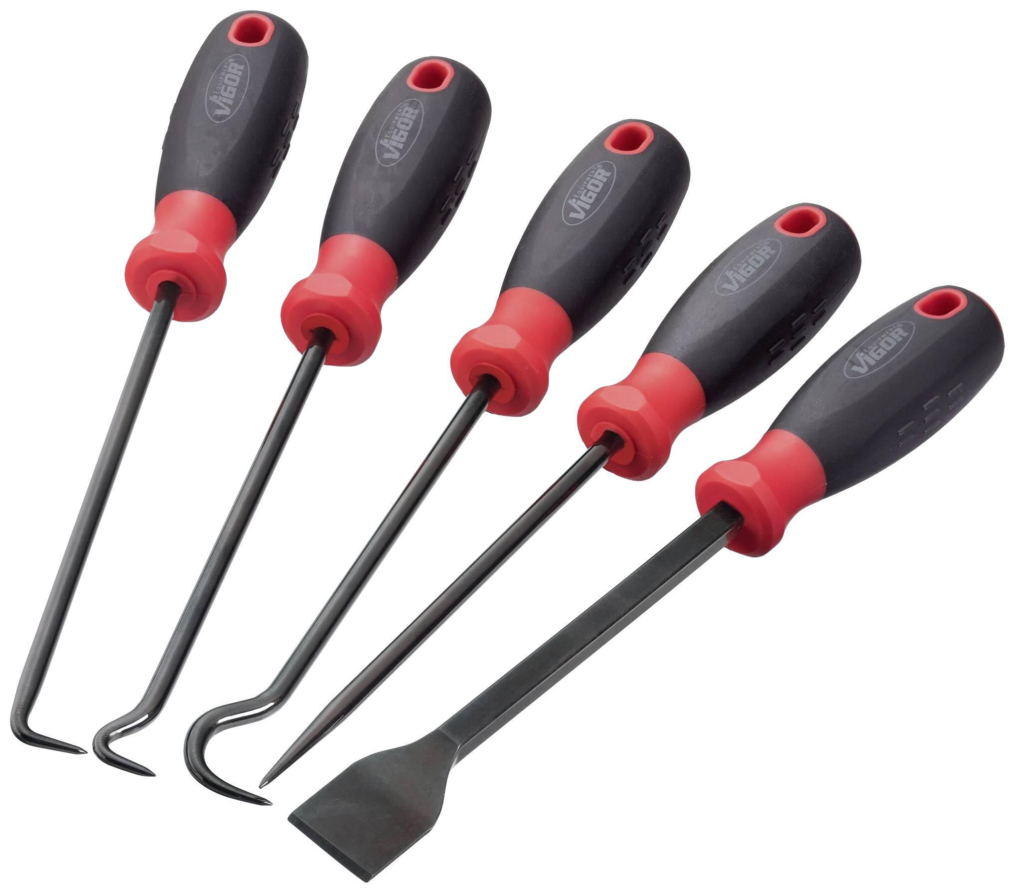 A set of five hand tools with red and black handles, comprising various hooks and a flat chisel.