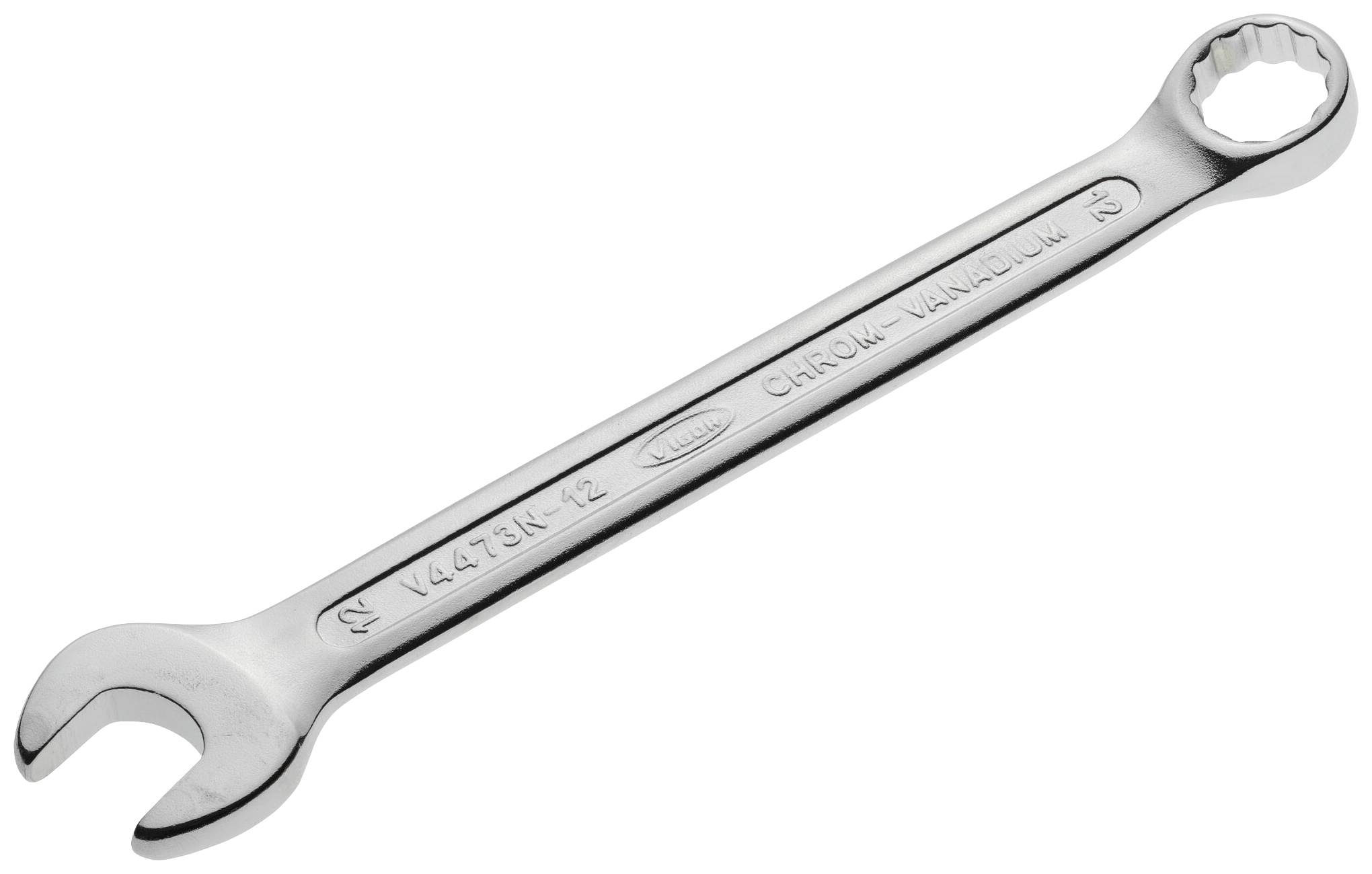 A silver chrome vanadium steel spanner, with an open-ended and ring-ended side.