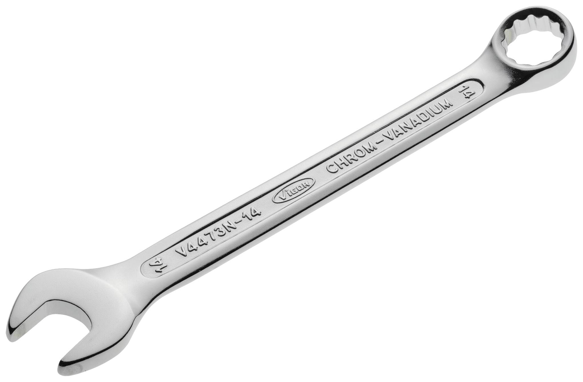 A chrome-plated ring spanner with the inscription 'CHROME-VANADIUM' on the shaft.