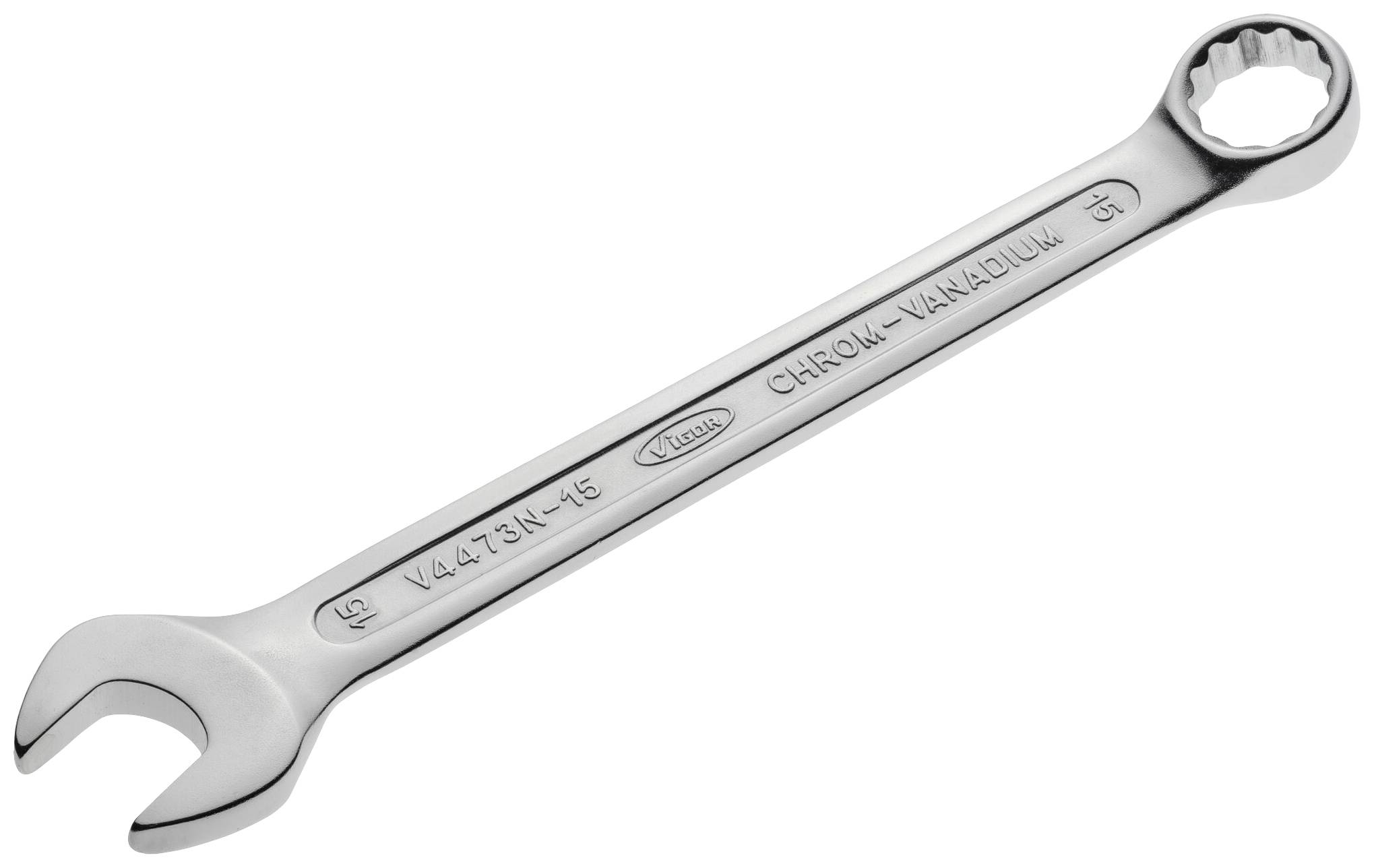 A silver spanner with open and closed ends, made of chrome-vanadium steel, lies diagonally from bottom left to top right.