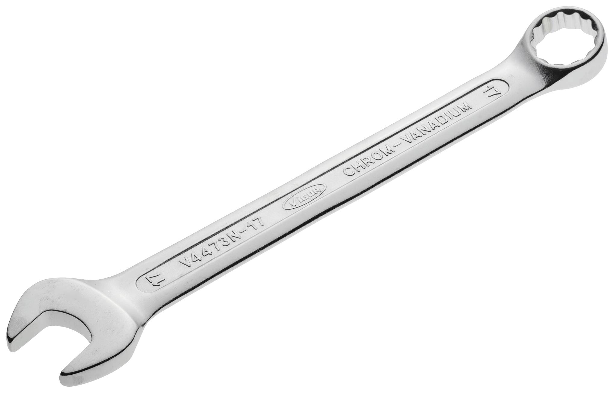 Chrome vanadium steel spanner with an open-end and ring-end, against a white background.