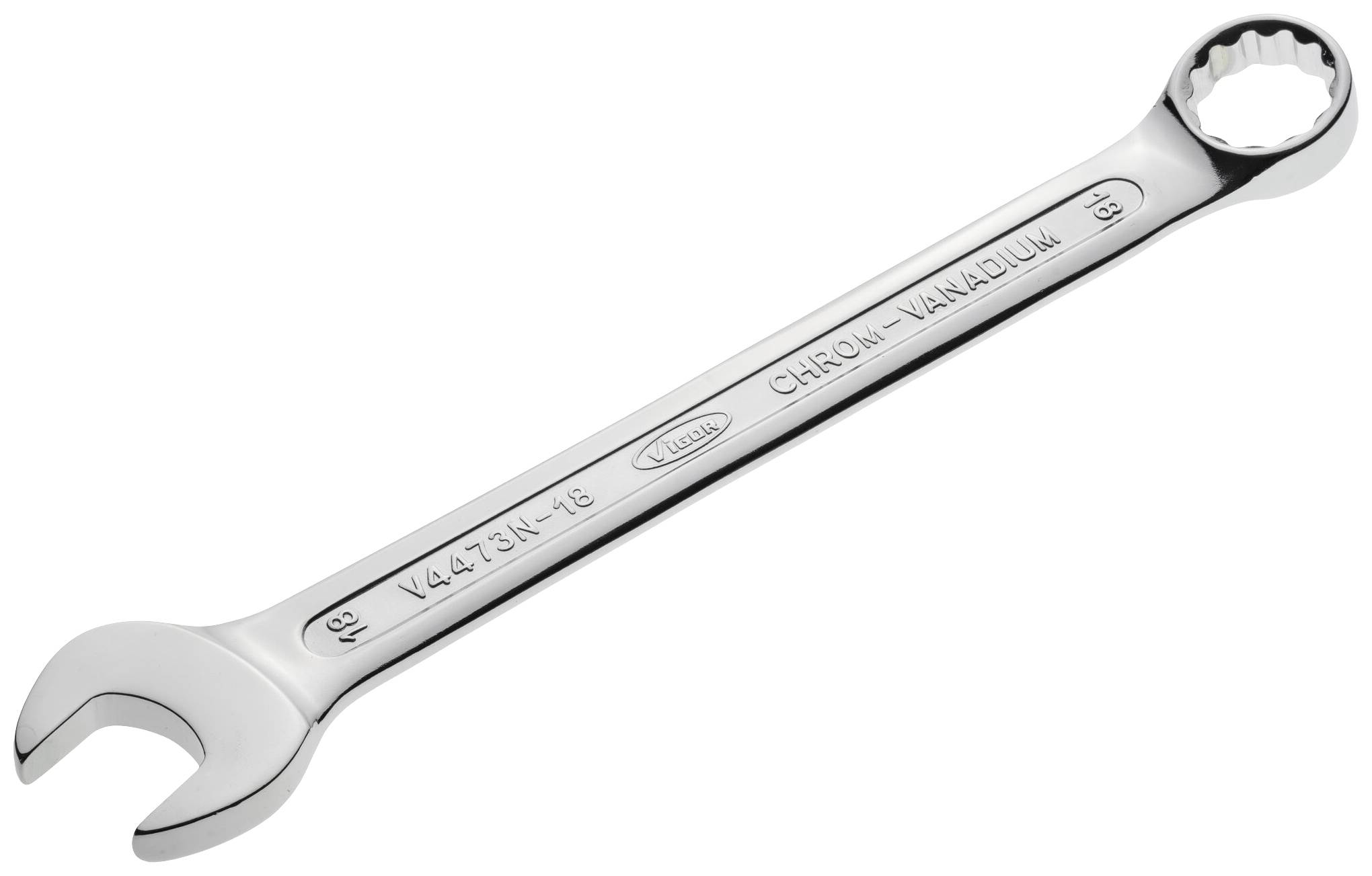 A chrome-vanadium steel spanner with a silver sheen, identifiable by its open-ended and ring heads, is resting on a white background.