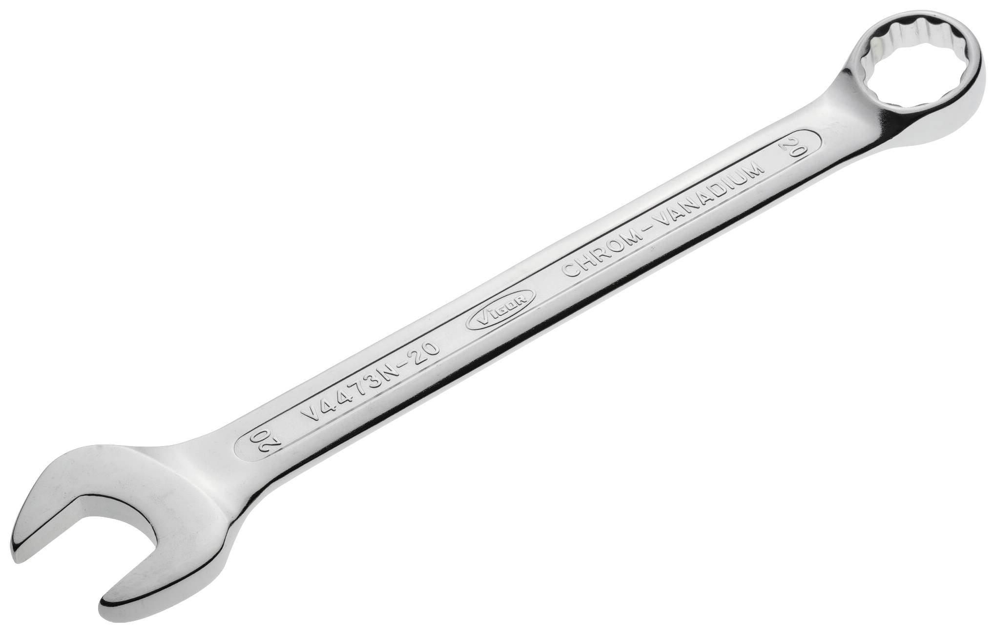 A silver spanner with an open and ratchet ring end. The inscription 'Chrome Vanadium' is visible on the handle.