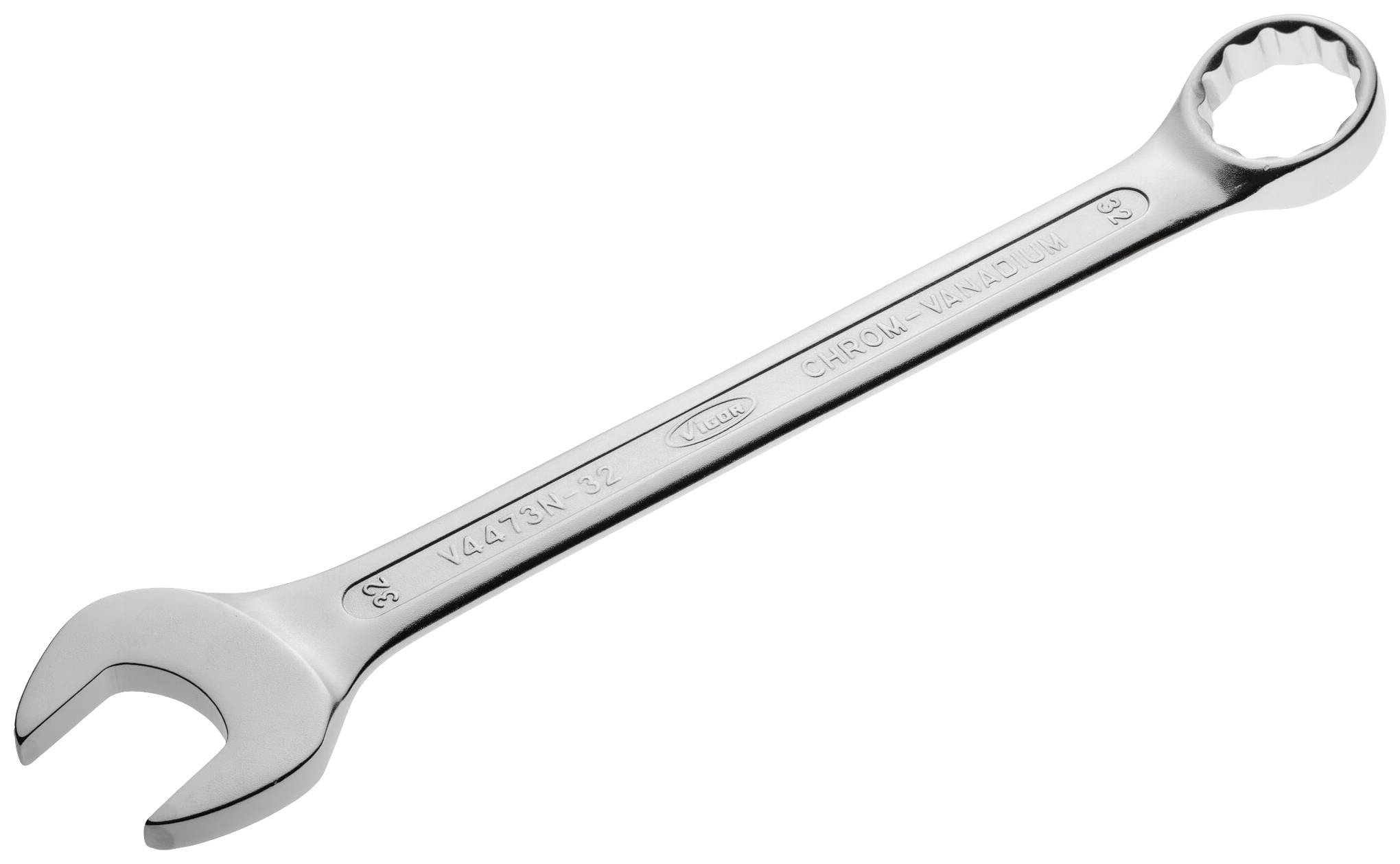Silver spanner with an open and ring-ended side, placed on a white background, a tool for loosening nuts and bolts.