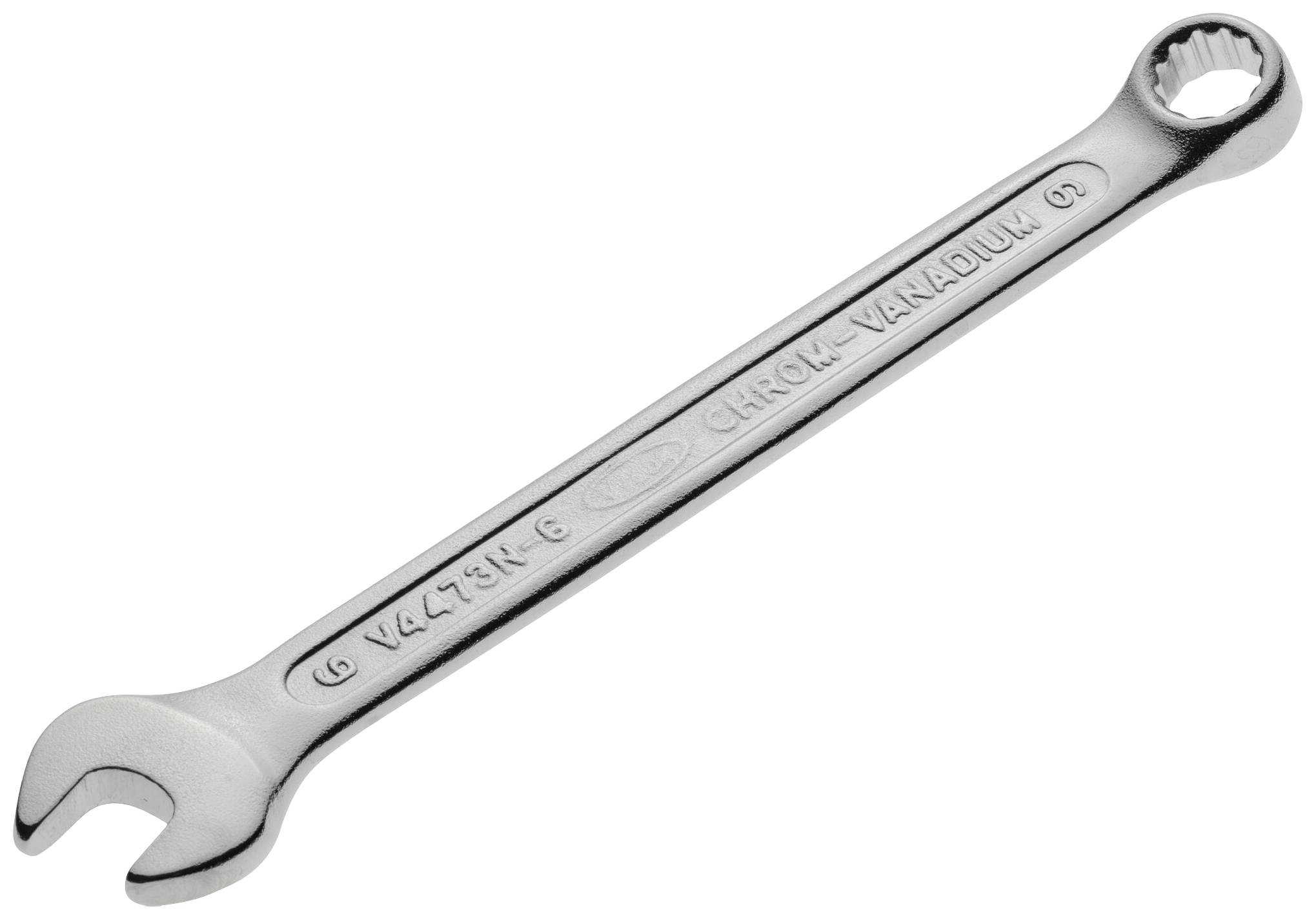 Spanners with open and ring ends made from chrome-vanadium steel, lying on a light grey background.