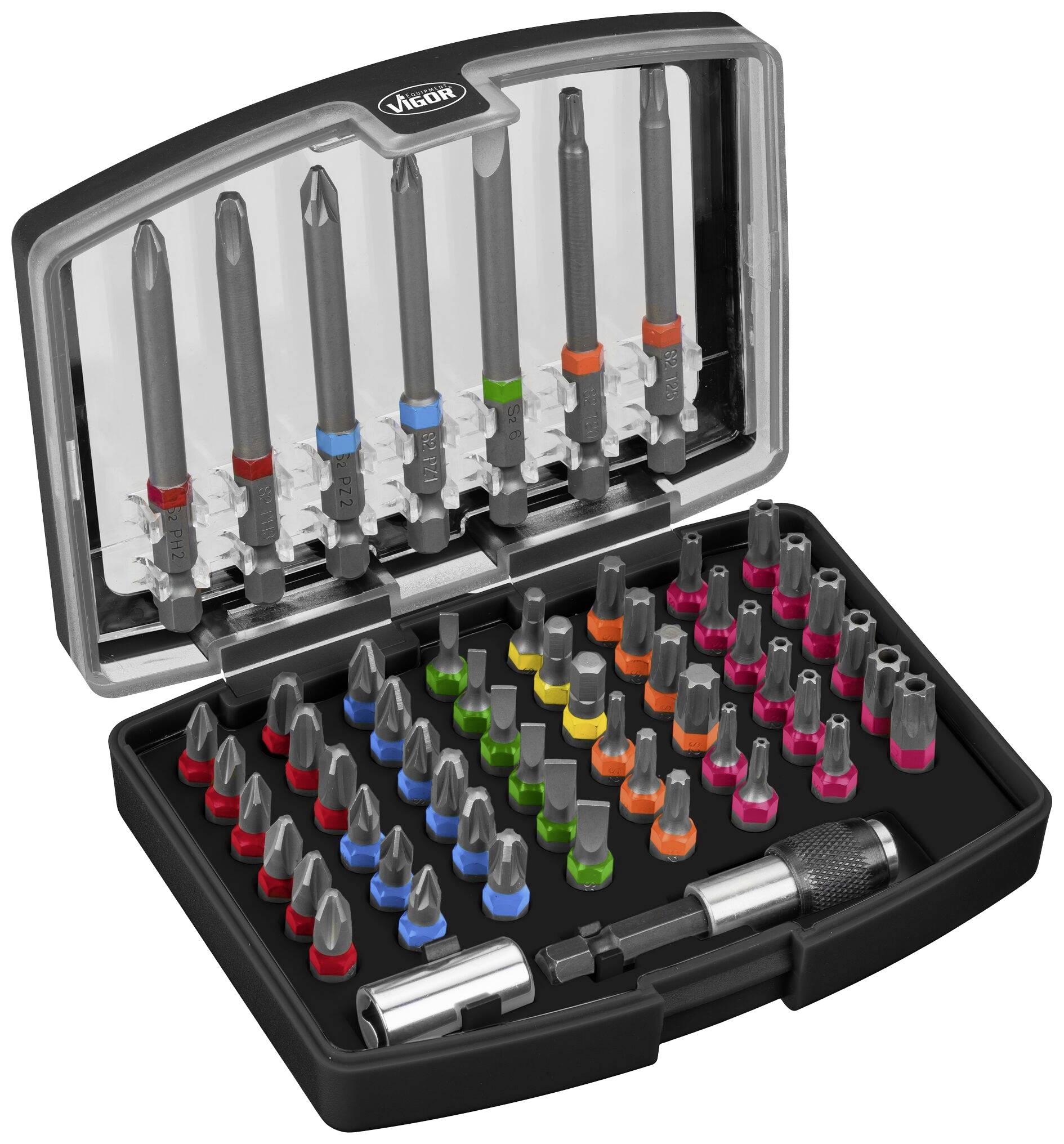 Bohrer-Bit-Set in einer offenen Kunststoffbox, verschiedene Bitgrößen und -typen, farblich sortiert, mit einem Griff.