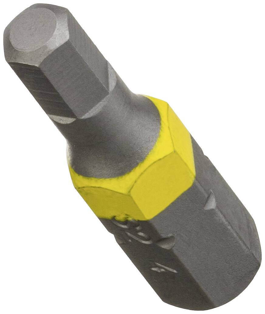 Ein grauer Sechskant-Bit mit gelbem Ring, vermutlich ein Werkzeugaufsatz für Schraubendreher, in Nahaufnahme.