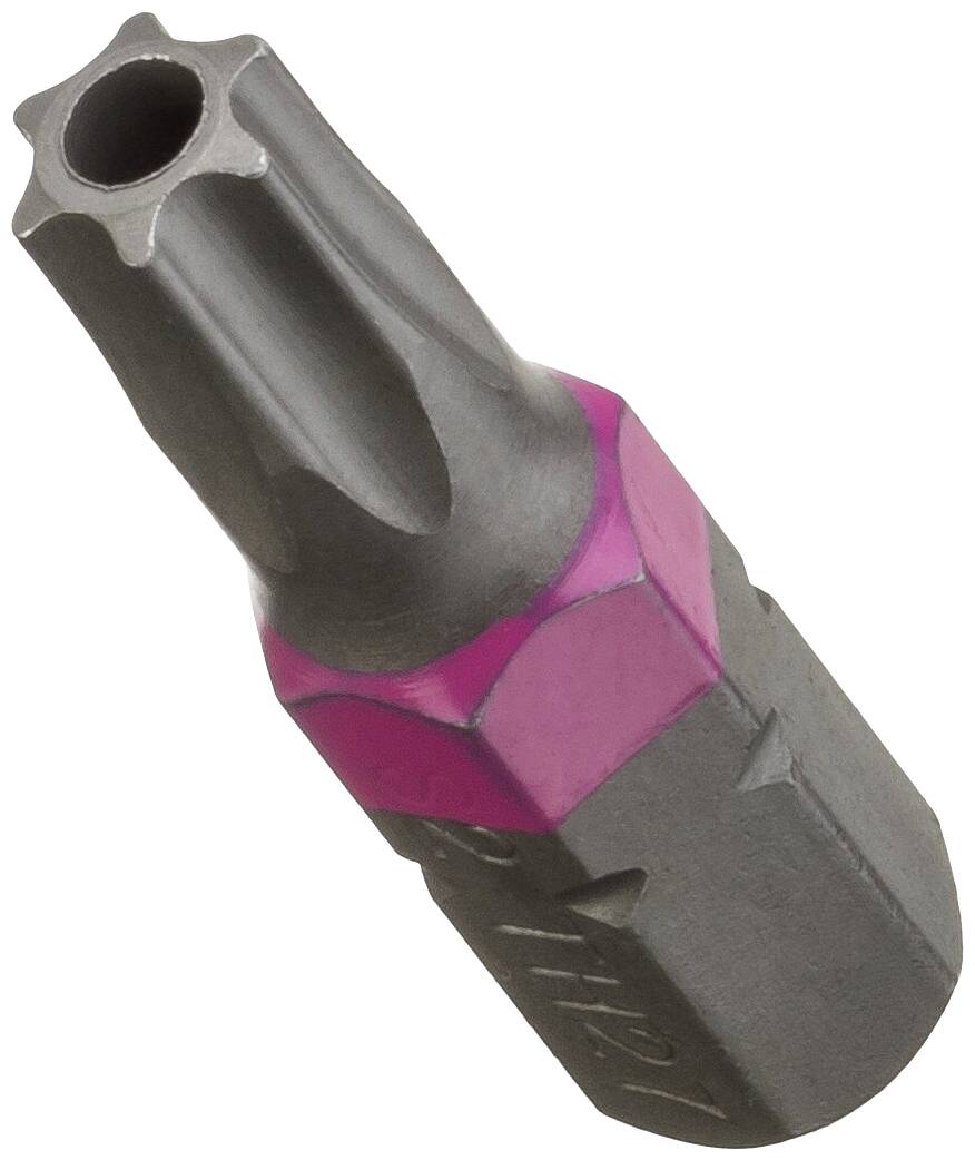 Ein Schraubendreher-Bit mit sternförmiger Spitze und einem auffälligen rosa Streifen, geeignet für spezifische Schraubenarten.