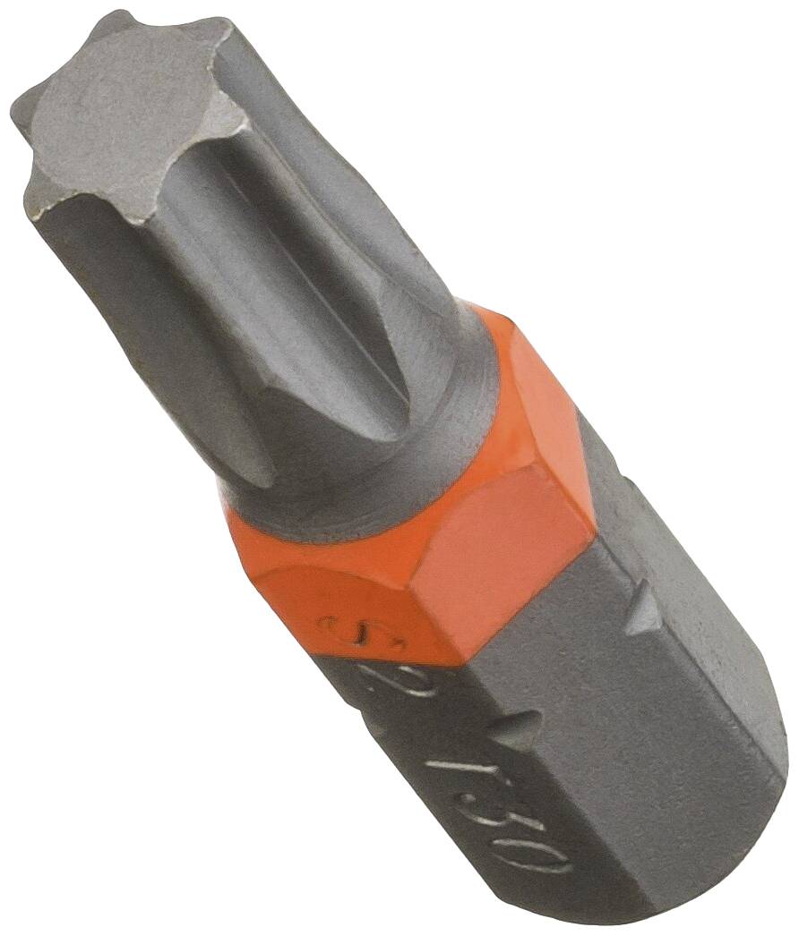 Schraubendreherbit mit sechszackiger Torx-Kopf, graues Metall mit orangenem Ring, geeignet für Schrauben mit entsprechendem Profil.