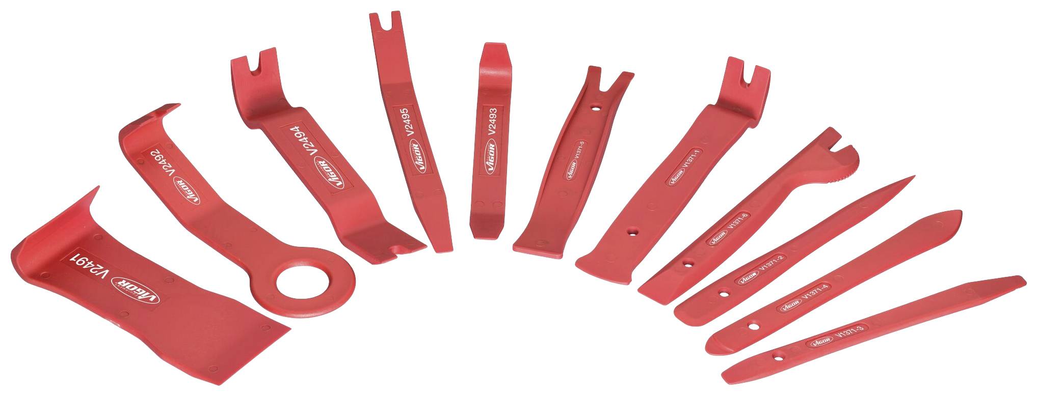 Red plastic tool set comprising various shapes and sizes, for use in car repair and interior trim removal.