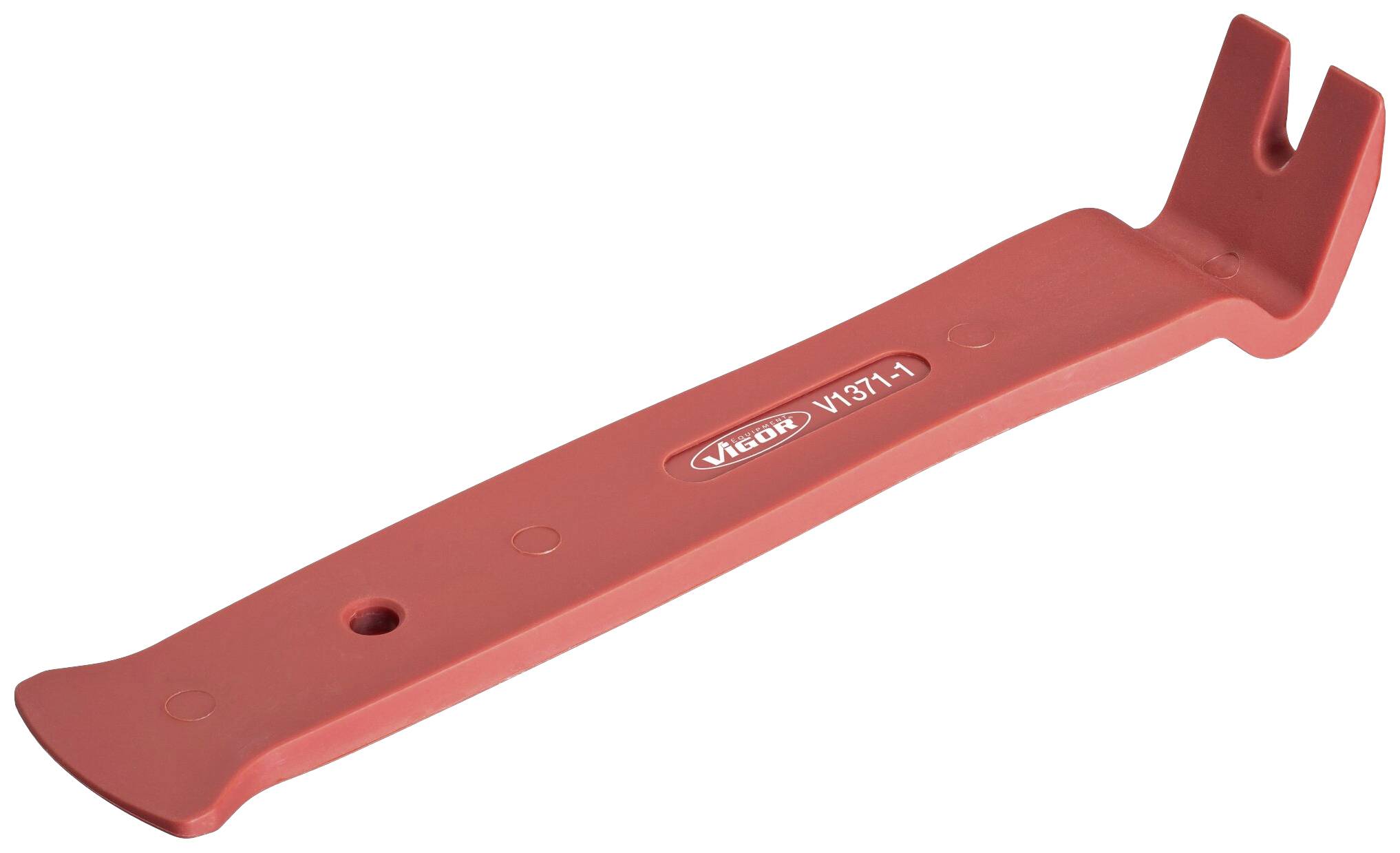 A red plastic tool with two ends: a curved end with a groove and a flattened end with a broad tip.
