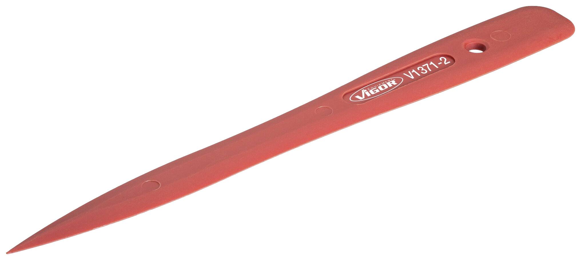 A red plastic tyre lever with the print 'Vigor V1371-2', designed for removing bicycle tyres.