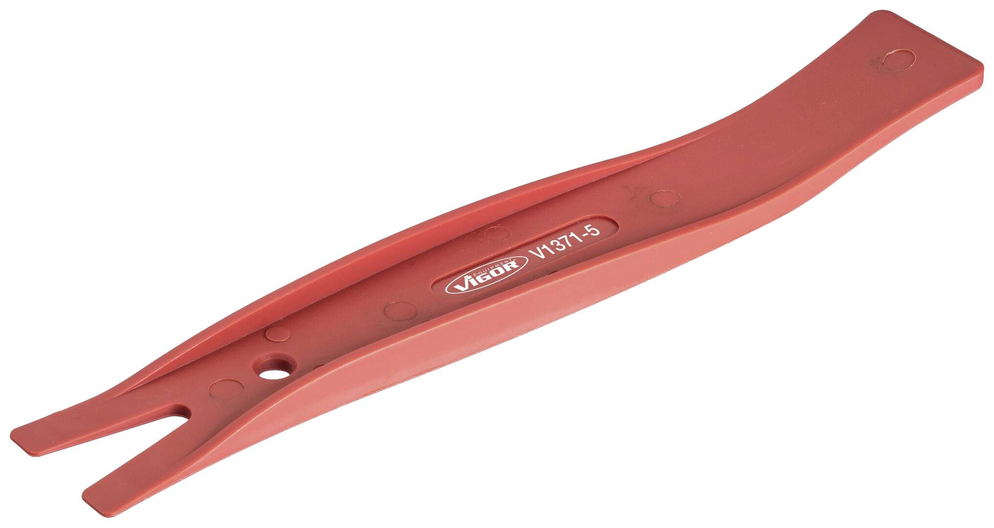 Red plastic dismantling tool with V-profile, suitable for removing vehicle trim and connectors.