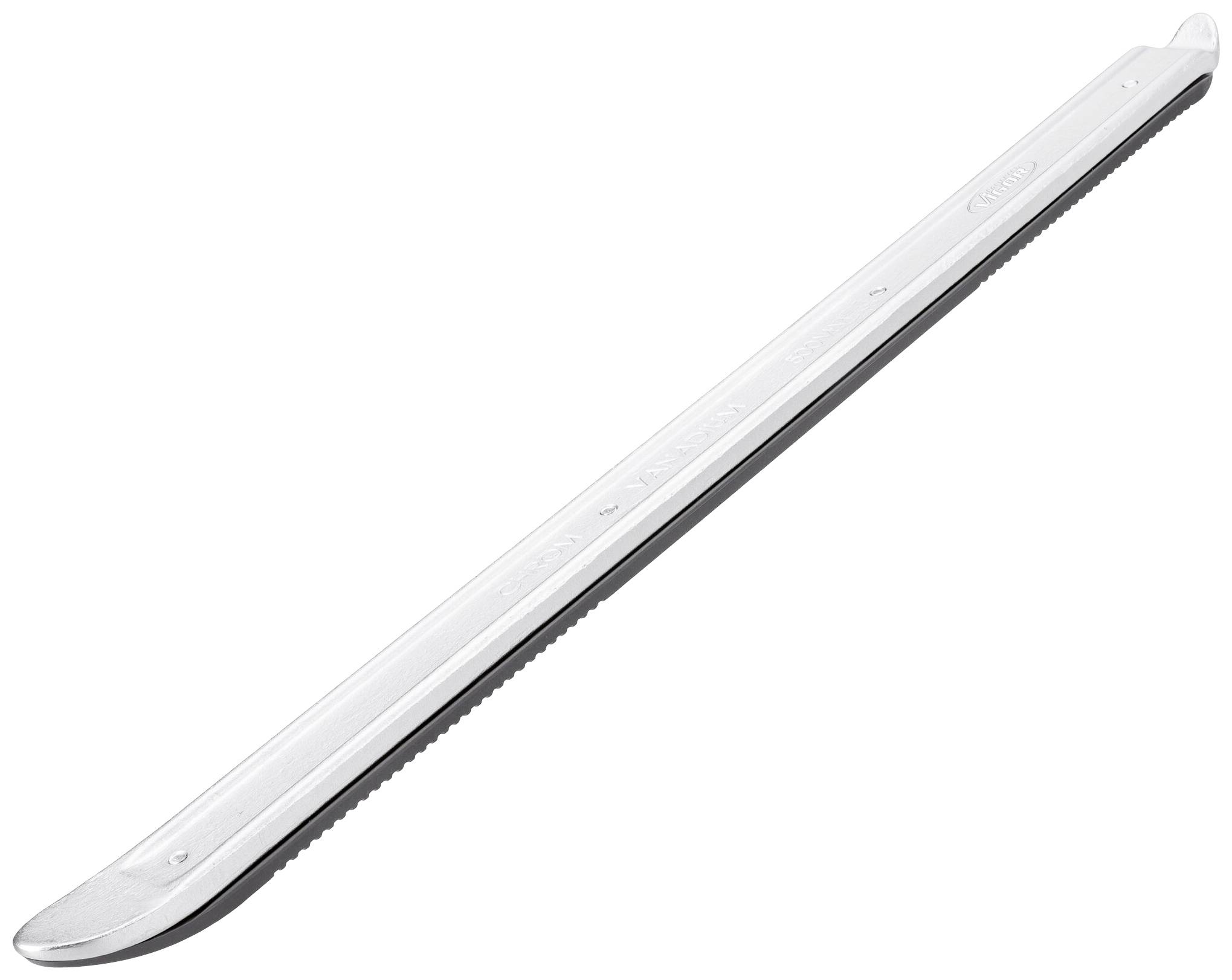 A long, narrow metal screed bar with a serrated underside, used for smoothing concrete surfaces.