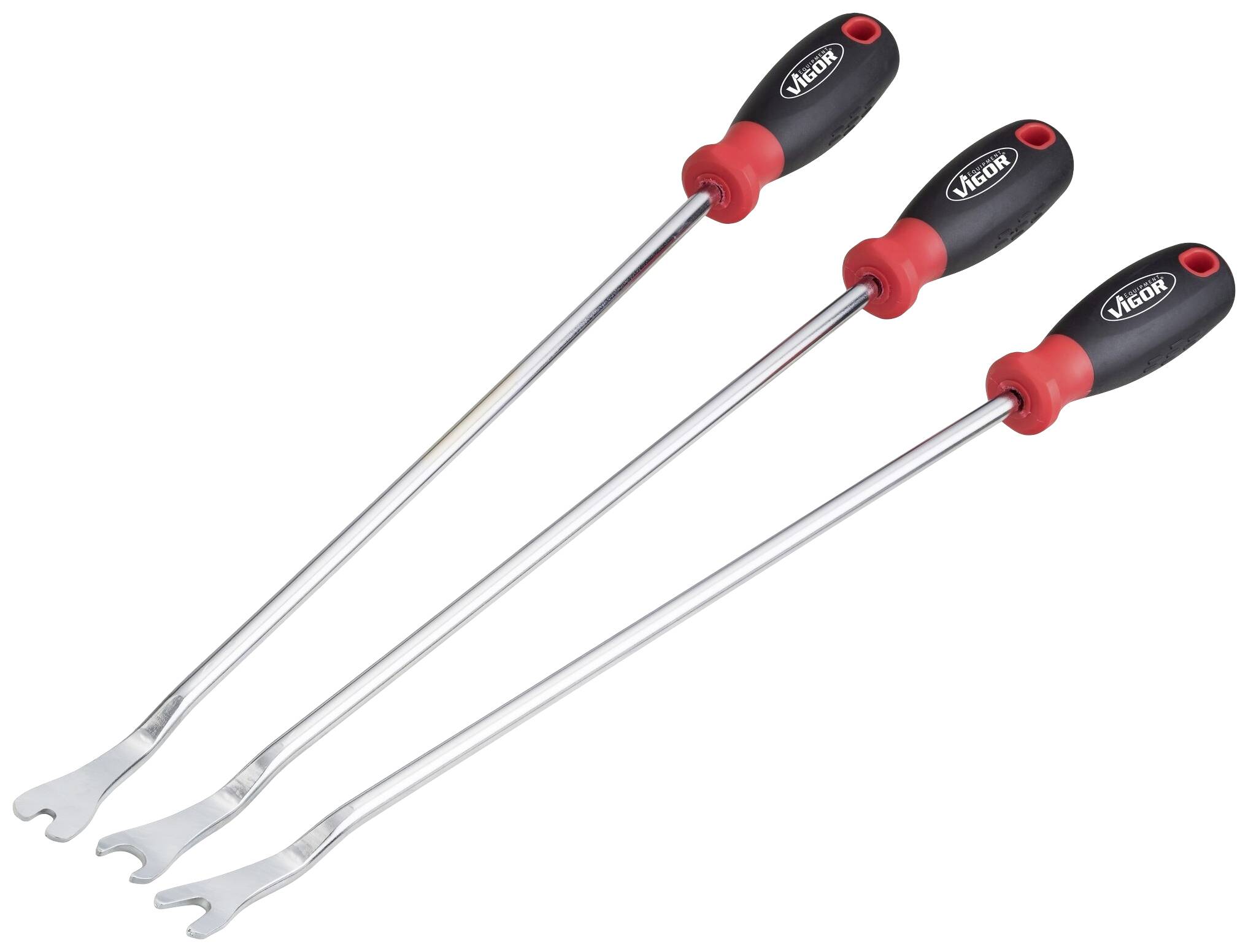 Three long, metallic lever tools with black and red handles, used for removing plastic clips or pins.