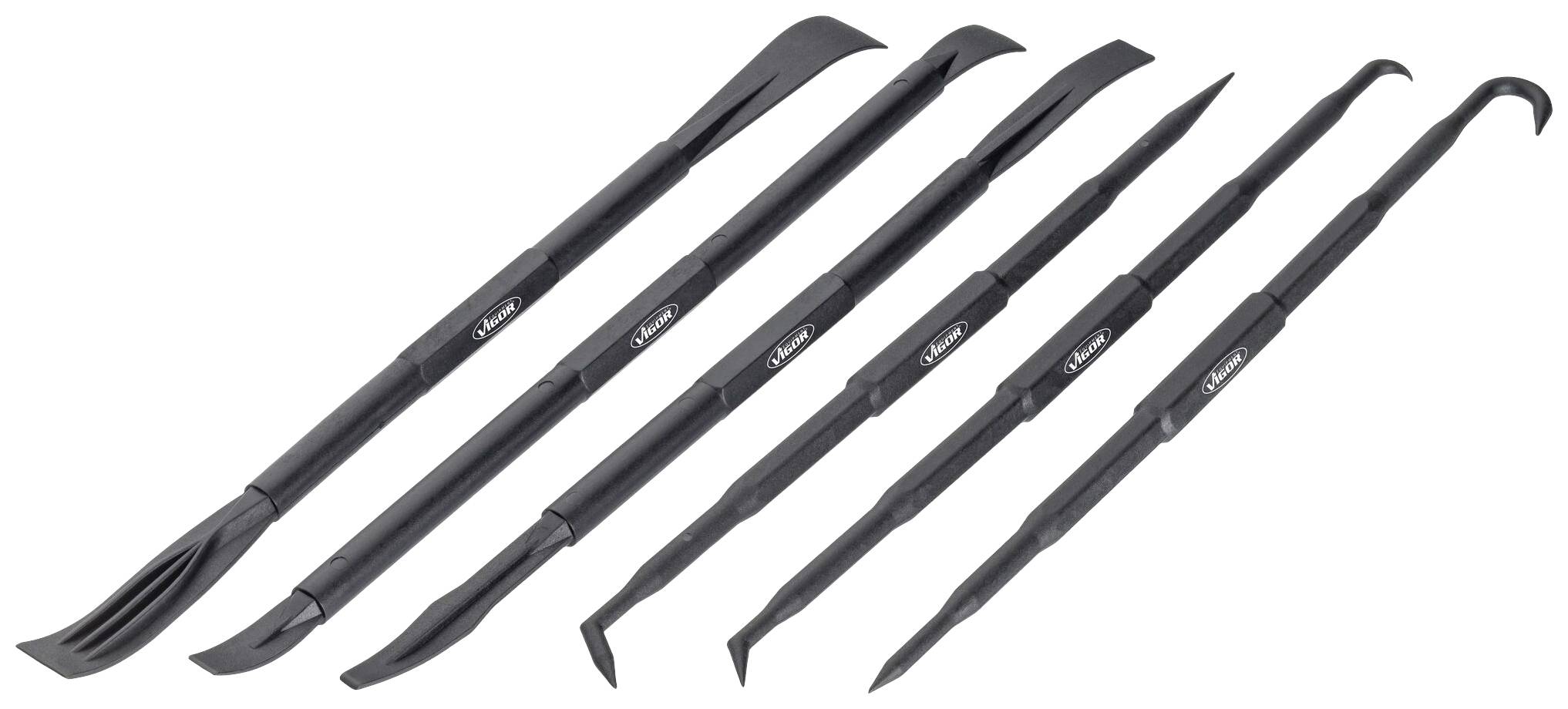 Six black plastic lever tools in various shapes and sizes, ideal for removing vehicle trim and small automotive parts.