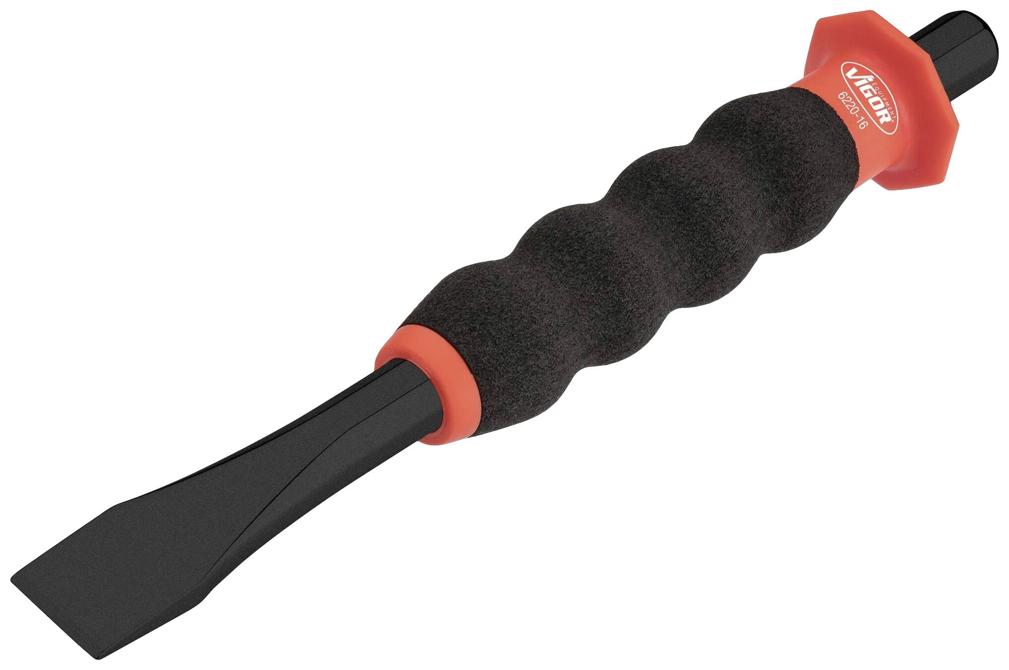 A black chisel with a red handle and ergonomic shape for handicrafts or construction work.
