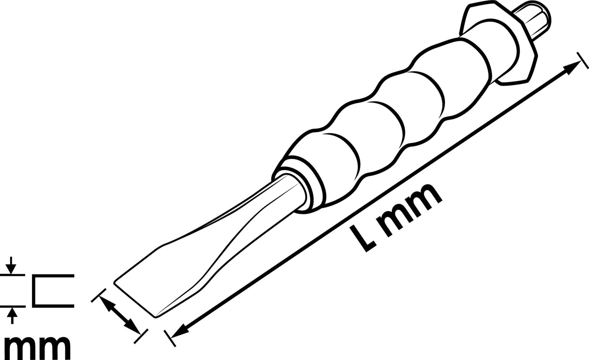 Illustration of a screwdriver with handle and blade. Length 'L mm' and diameter 'C mm' are specified.