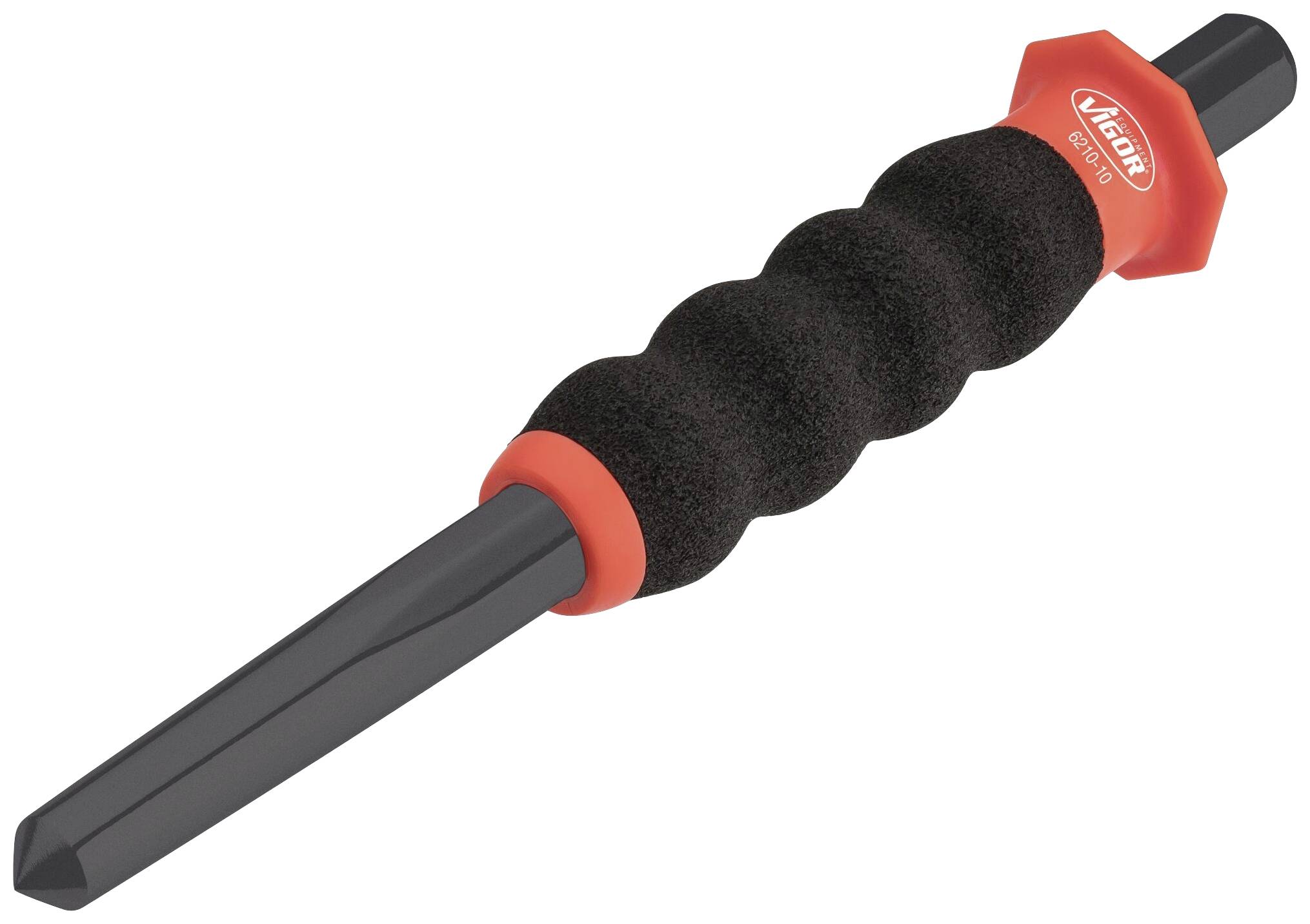Black welding pick hammer with a ribbed, red handle for improved grip.