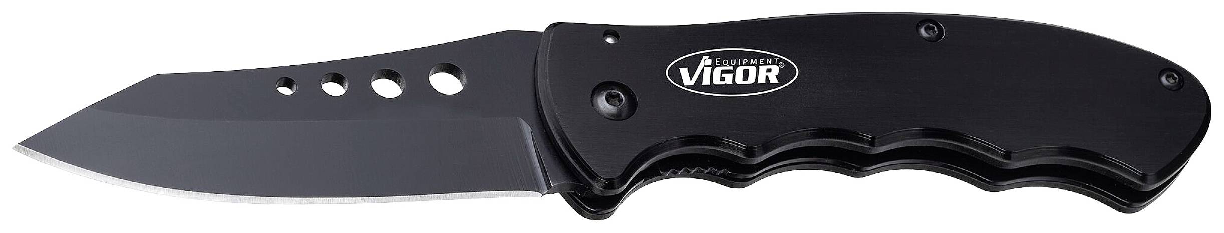 Black folding knife with a wavy handle and multiple holes on the blade, logo with 'VIGOR' inscription on the handle.