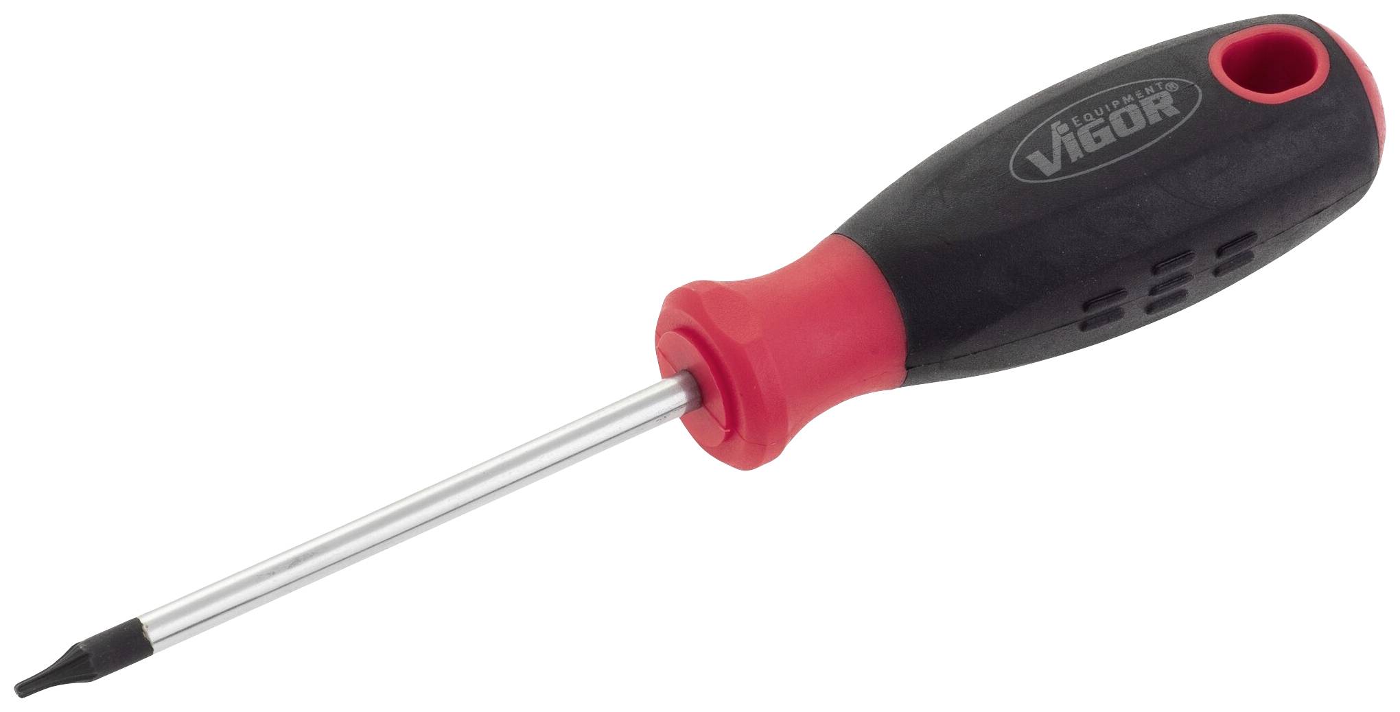 Screwdriver with a black handle and red accent, with a pointed tip.