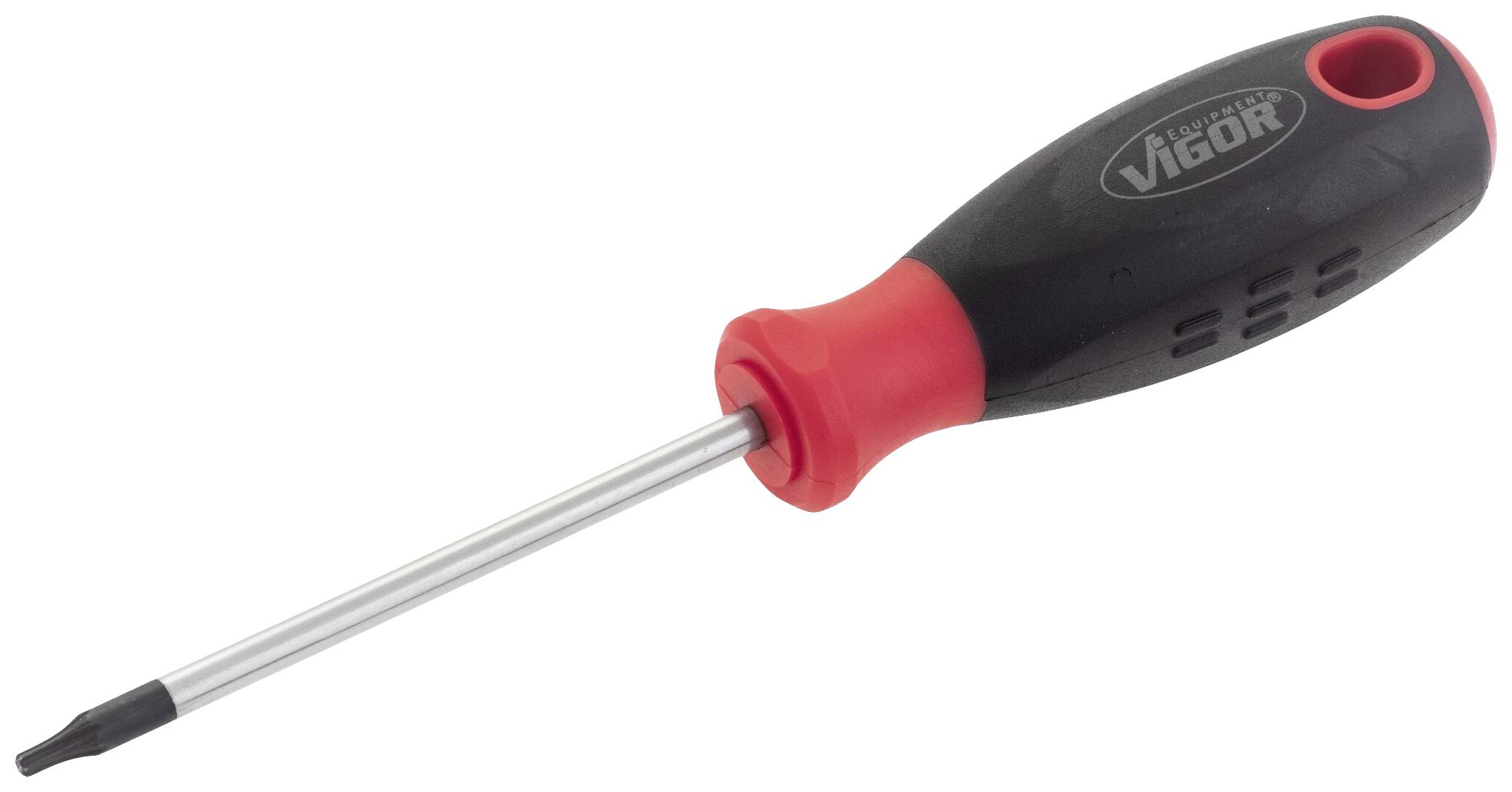 A screwdriver with a red and black handle is lying on a white background.