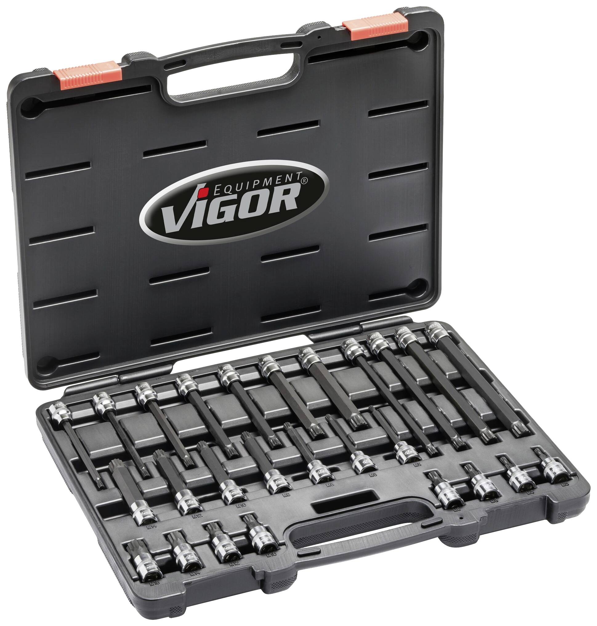 A black Vigor tool case, open; it contains a collection of socket wrenches in various sizes.