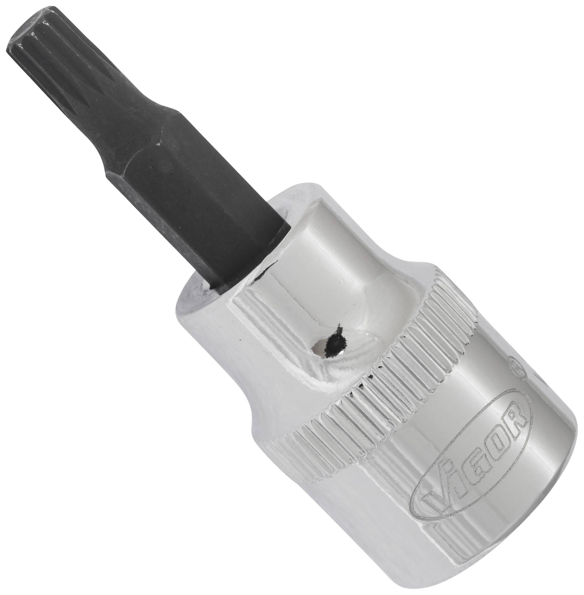 Torx bit with silver handle, gleaming surface, suitable for screw-related tasks.