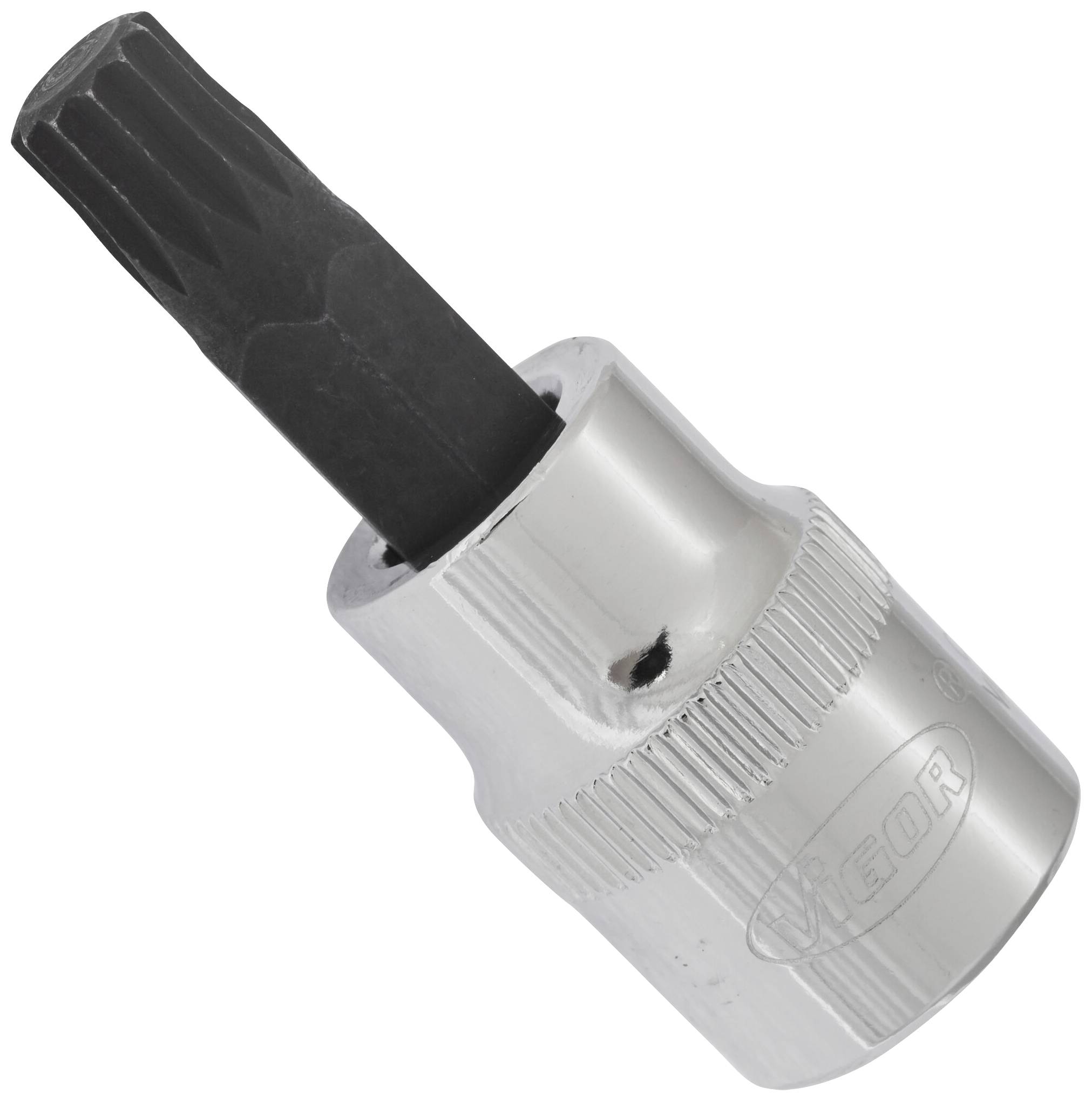 A silver socket extension with a black, star-shaped bit for screw work.