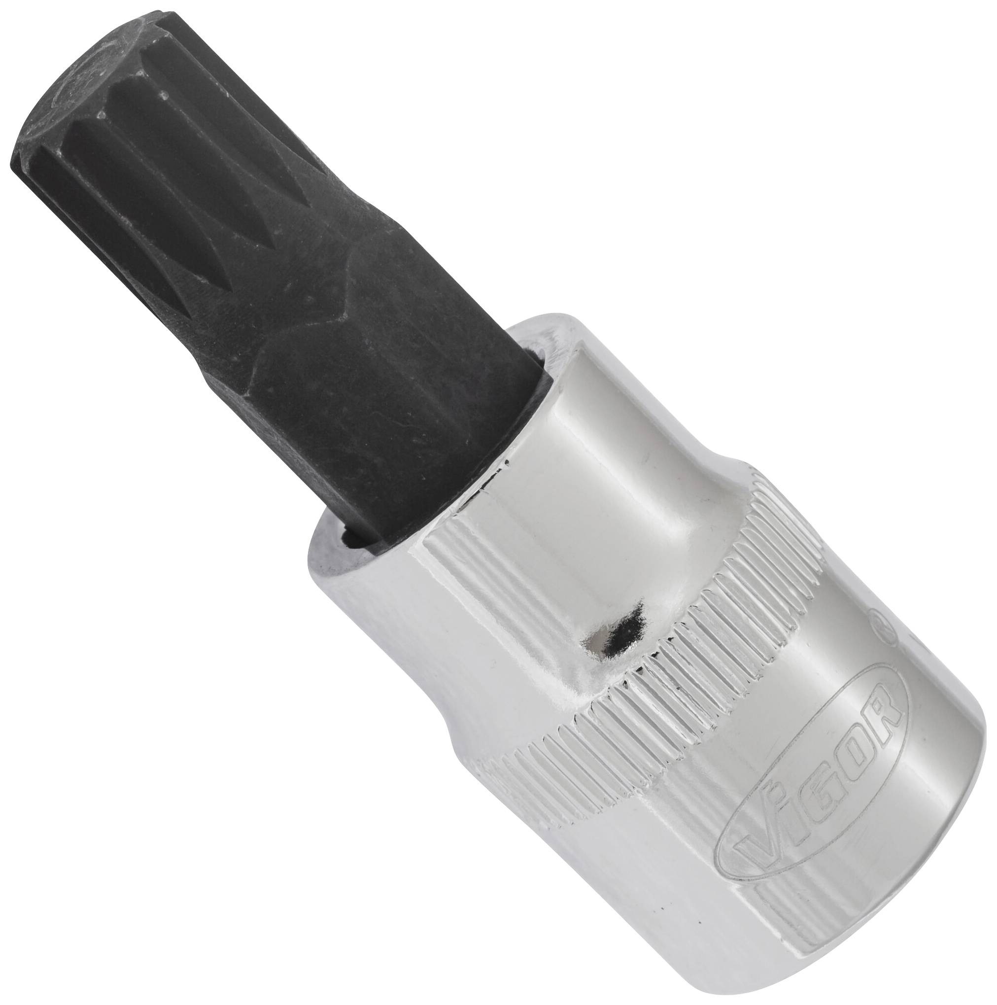 Multi-tooth bit socket with metal casing, suitable for loosening or tightening screws, black tip.